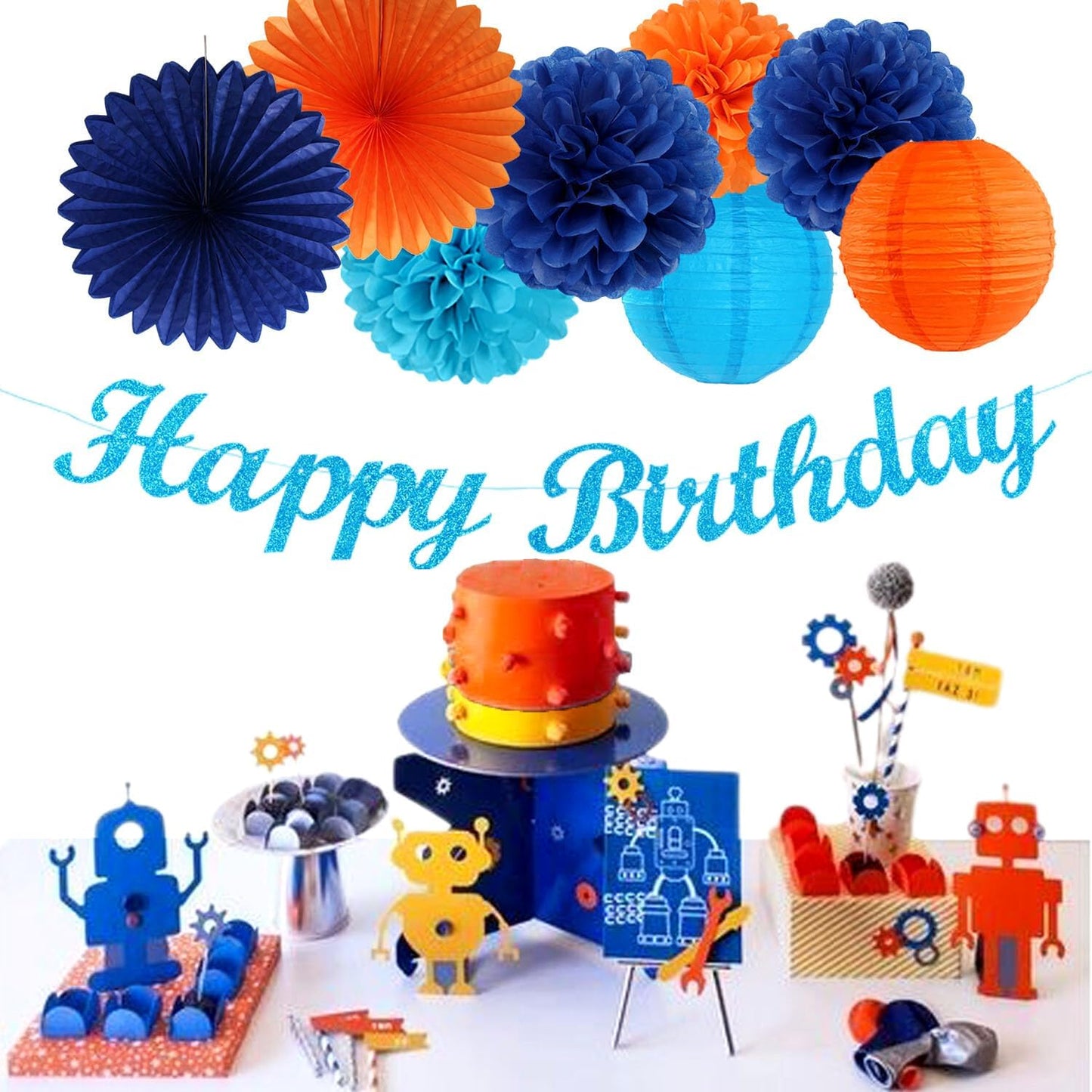 Royal-Navy Blue Orange Happy-Birthday Party-Decorations - 31pcs Men Boys Paper Lanterns Streamers Banner,Tissue Flowers Pom Poms Fans Tassels Garland Decor Backdrop Supplies Hugmoon
