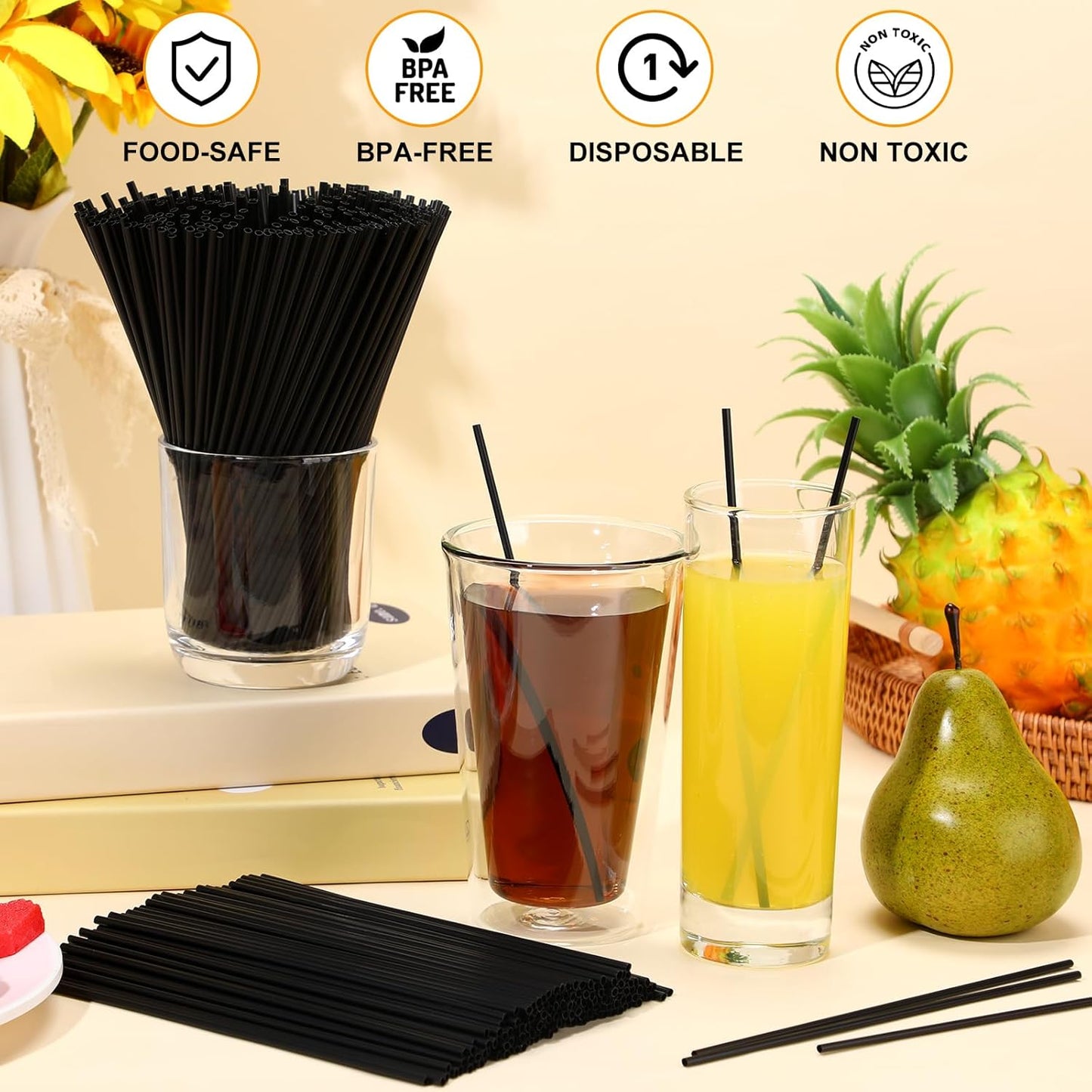 6000 Count Coffee Cocktail Stirrers Straws Disposable Plastic Sip Stir Sticks Cocktail Drink Stirrers Sticks Cups Straws for Bars Juice Drinking (Black,7 Inch)