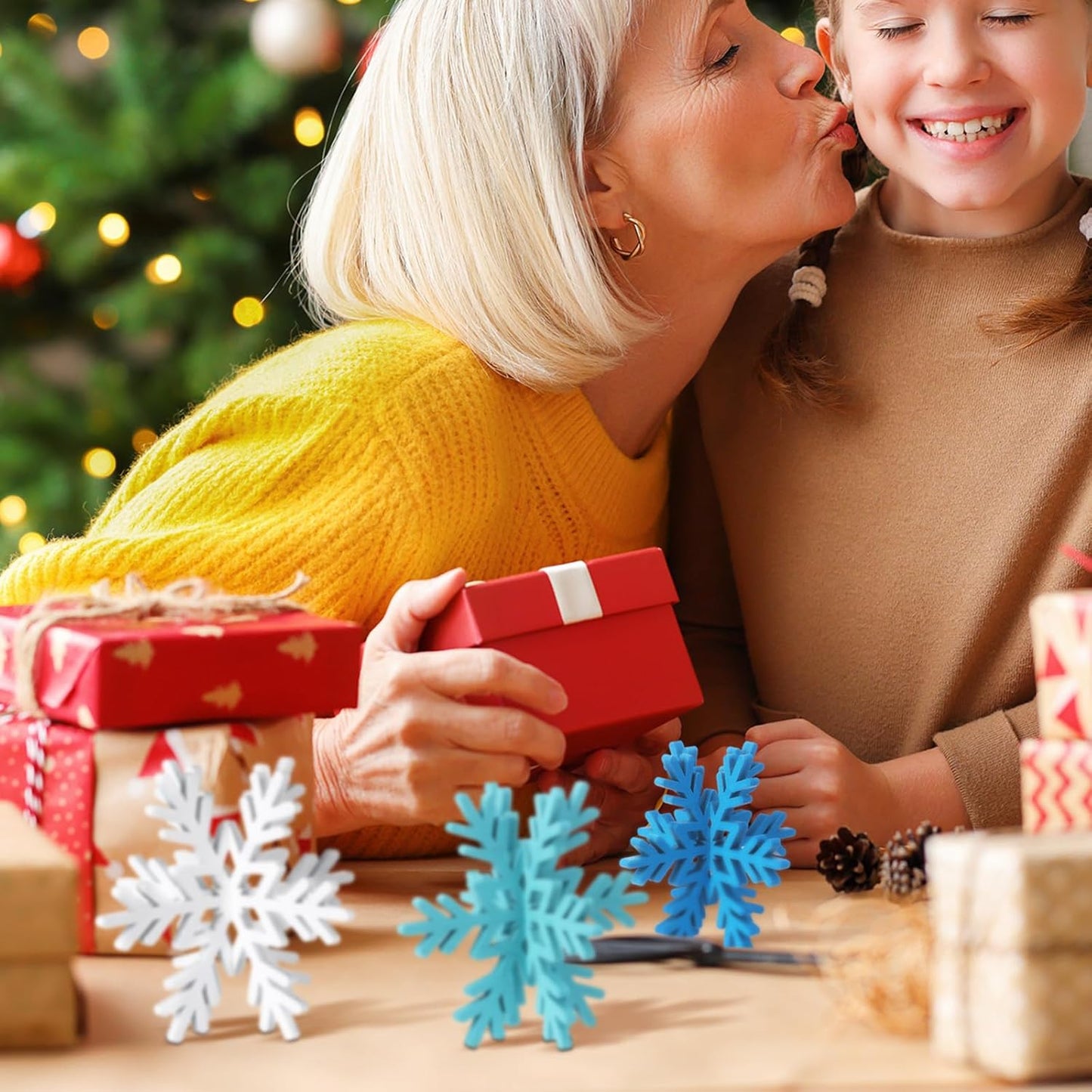 Bucherry 12 Pcs Wooden Snowflake Table Decor 3D Snowflake Tabletop Signs and Centerpiece for Christmas Xmas Winter Wonderland Decorations Home Party(White, Dark Blue, Light Blue)