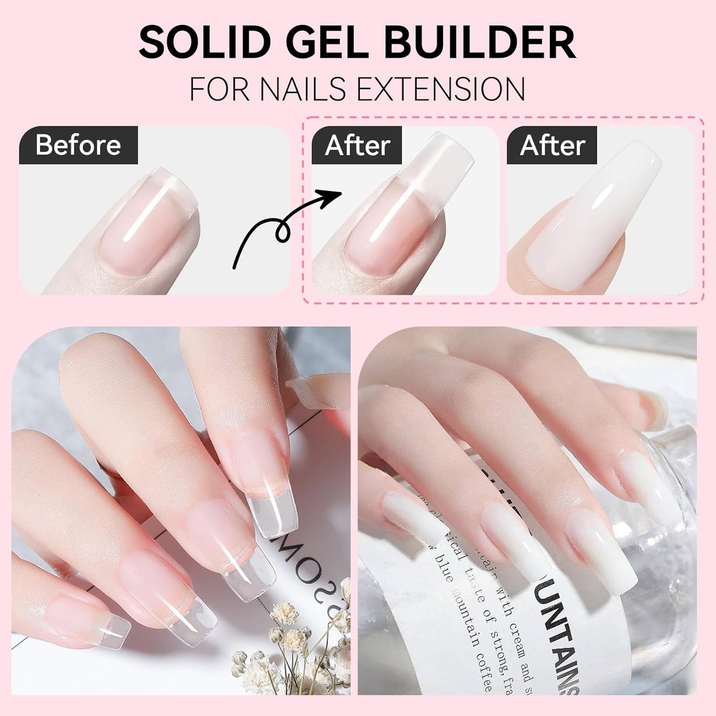 Makartt 3D Gel Nail Art: 4-in-1 Clear & White Solid Gel Builder Non-sticky for Extension 3D Sculpting Nail, UV Glue for Acrylic Nails, Rhinestones & Sculpture Hard Gels for Nails UV/LED Lamp Required