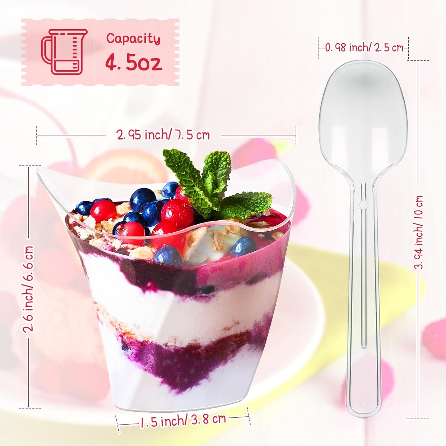 Honeydak 150 Pcs Plastic Dessert Cups without Lids 4.5 oz with Spoons Mini Clear Disposable Trifle Mousse Dessert Cups Triangular Parfait Appetizers Tumbler Pudding Fruit Serve for Party