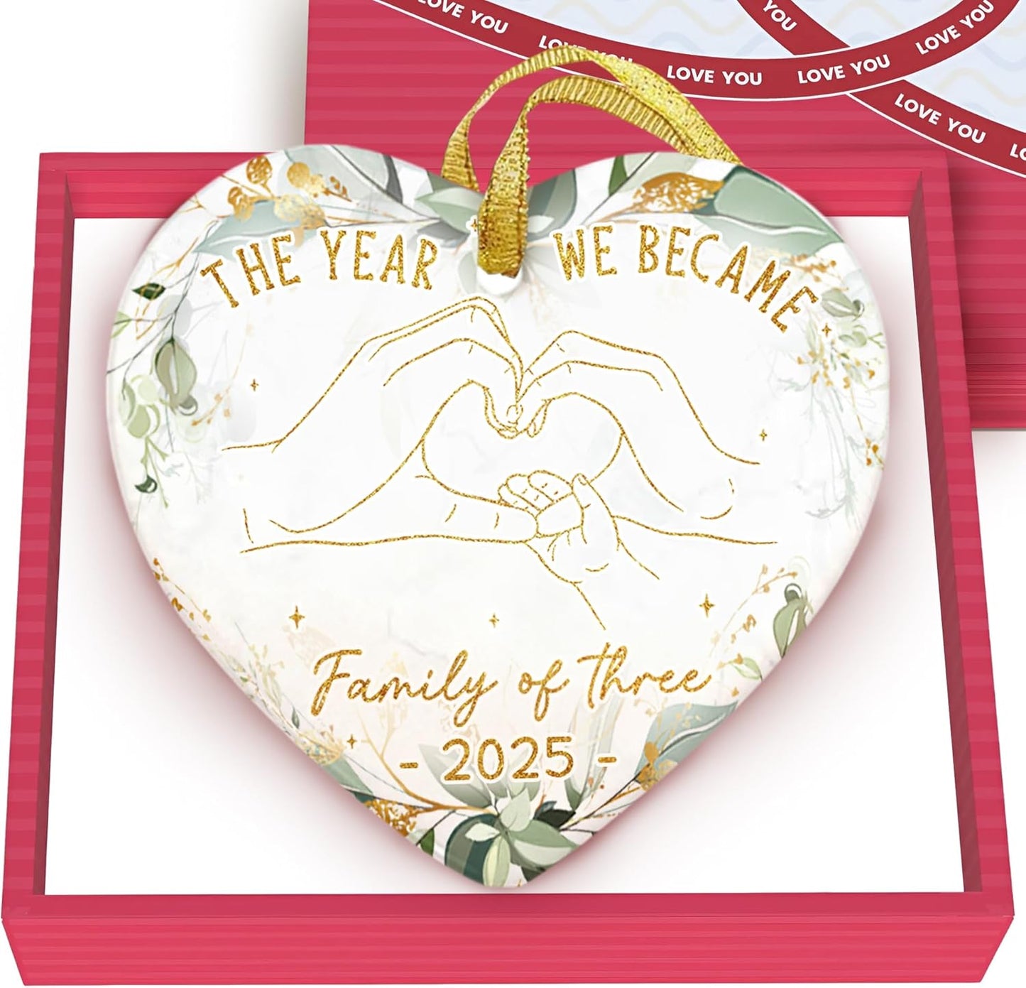 GOSSBY Baby First Christmas Ornament 2025 - The Year We Became Family of 3 - Baby Frist for New Parents - Newborn, 1st Xmas Tree Decoration - Heart-Shaped Ceramic Ornament