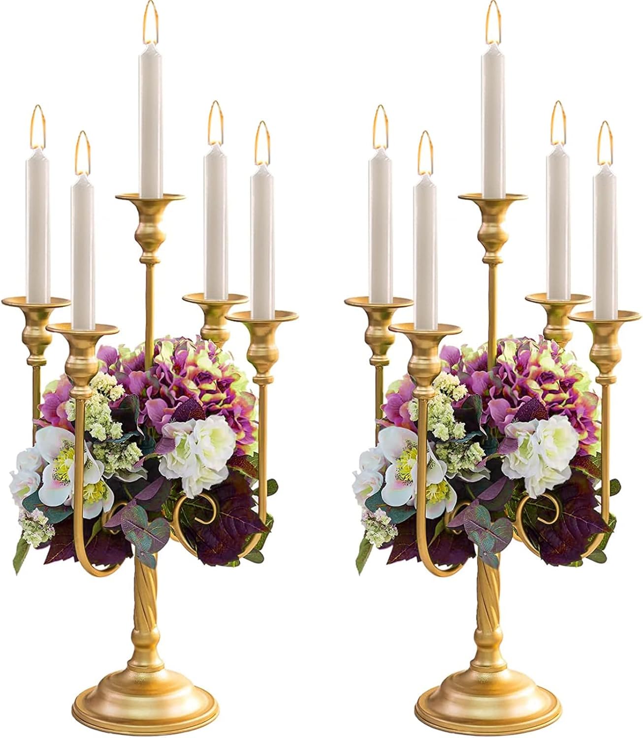 Metal Candelabra Gold Candle Stand 20in Tall, 5-Candle Candlestick Holder for Taper Candles, Candle Holder for Wedding Centerpiece Christmas Valentine Holiday Party Event Reception Decor, 2Pcs