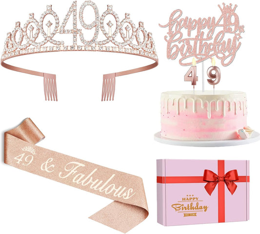 49 Birthday Decorations for Women Including Birthday Sash and Tiara, Cake Topper and Candles, 49 Year Old Gifts for Women, Rose Gold Party Favor Supplies