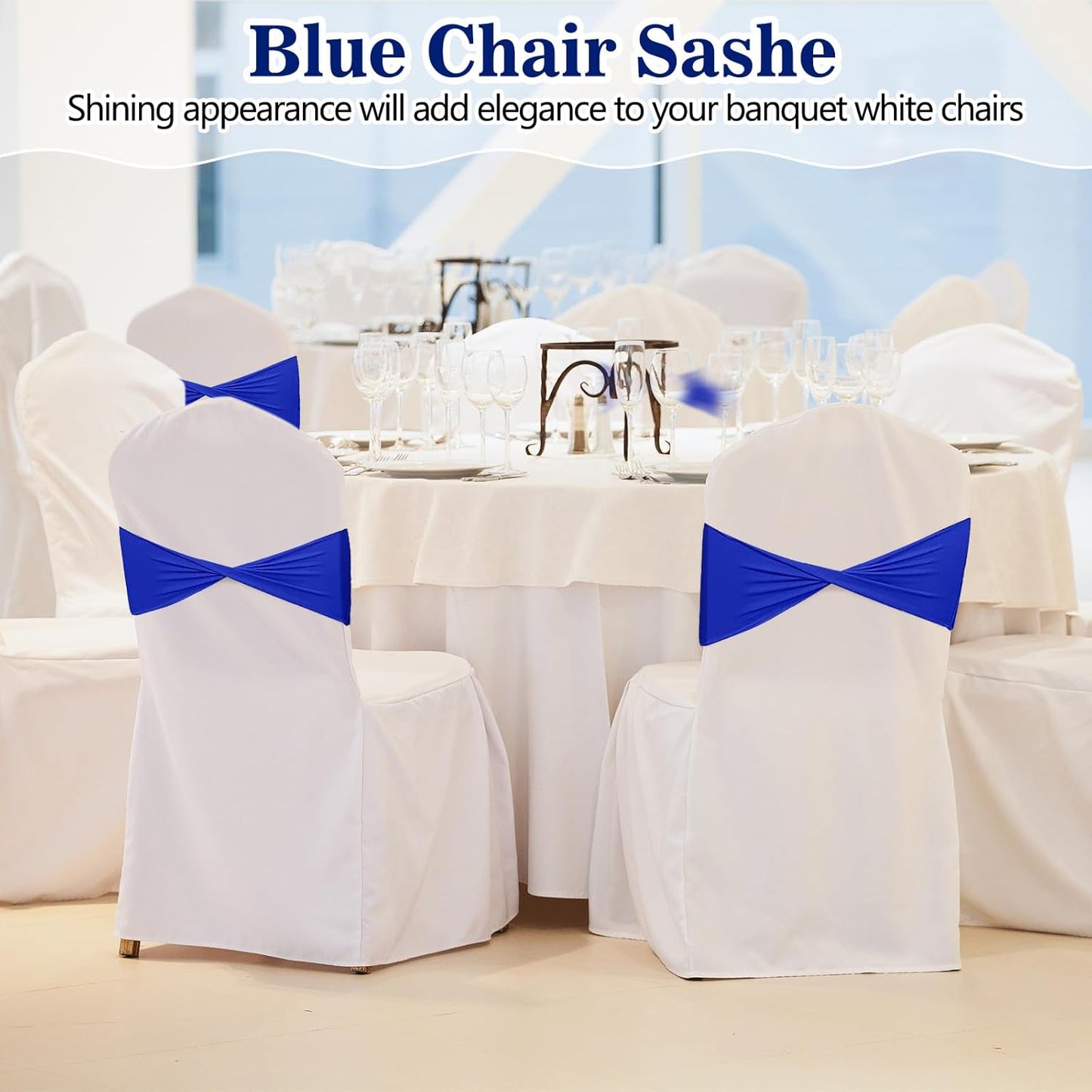 Kinlop 50 Pcs Spandex Chair Sashes Bows Chair Bands Slider Sashes for Covers Elastic Bands Ties Without Buckle Decorations for Wedding Party Events Ceremony Birthday(Blue)