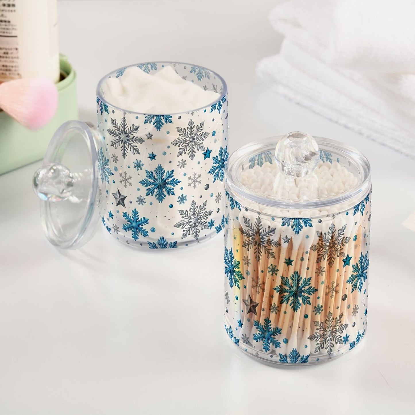 Gredecor Christmas Winter Qtip Holder Dispenser 4 Pack Silver Blue Glitter Snowflakes Apothecary Jars with Lids Bathroom Vanity Countertop Canister Storage Organizer for Cotton Ball,Swabs,Pads,Floss