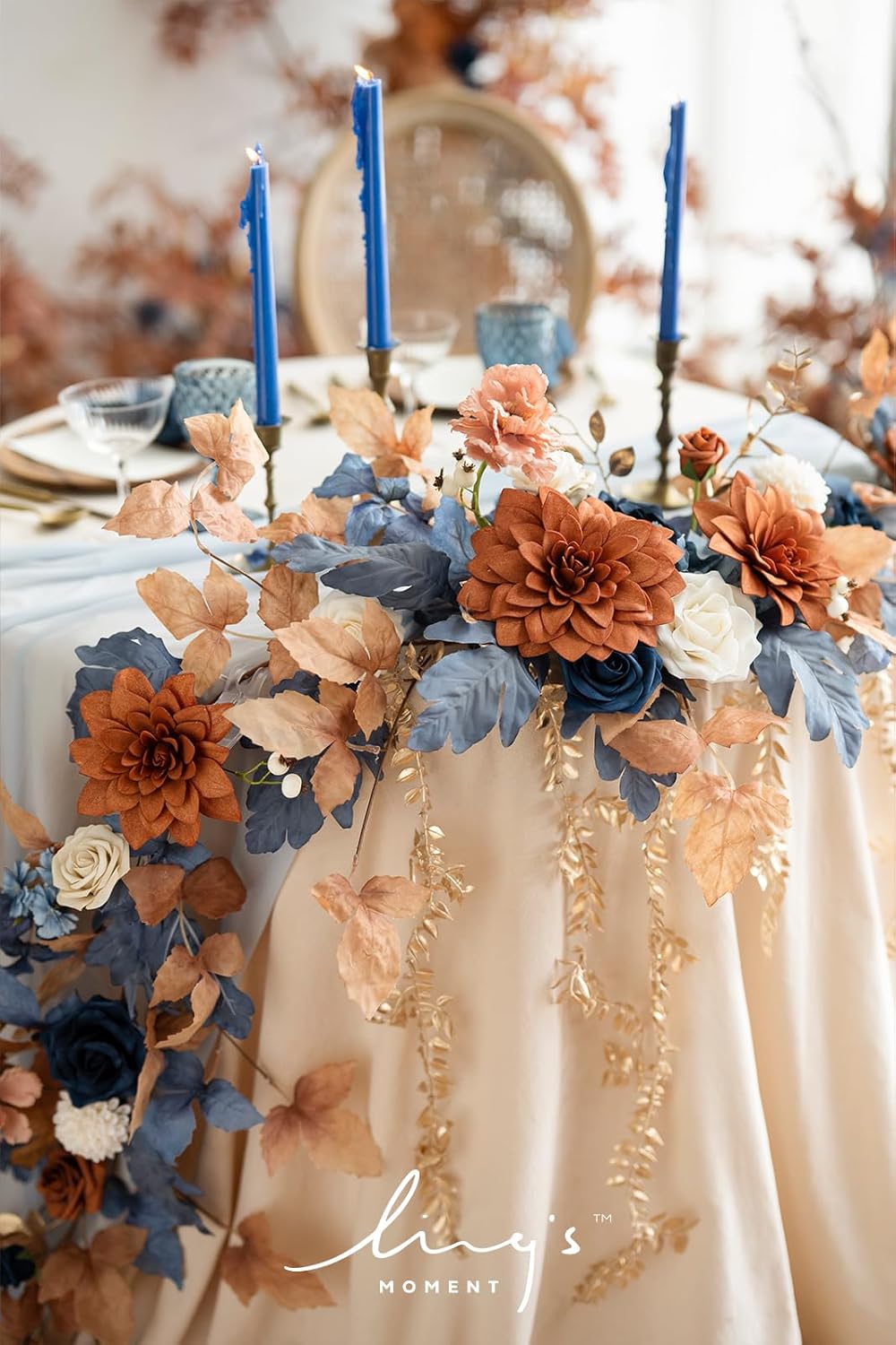 Ling's Moment 9FT Eucalyptus & Willow Leaf Garland with White Flower, Handcrafted Wedding Sweetheart Table Centerpieces Head Table Decor Arch Backdrop Decorations for Wedding | Burnt Orange & Denim