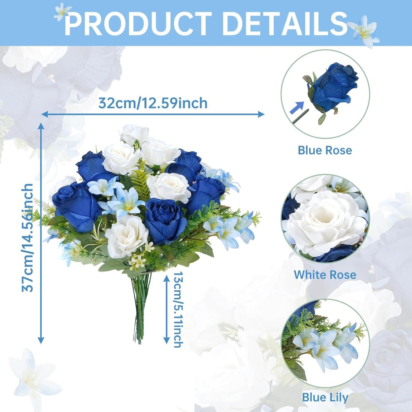 14" Fake Flower Bouquets Artificial Silk Rose Flowers Picks Decorations Faux White Blue Roses Floral Flower for Wedding Bride Spring Summer Table Centerpieces Home Kitchen Decor