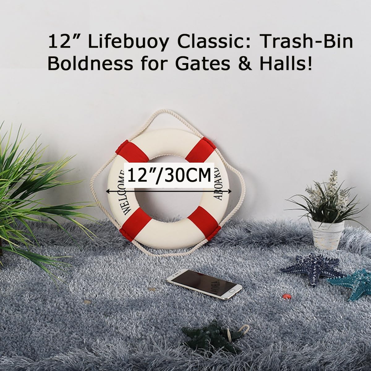 MorroMorn Lifebuoy Wall Hanging Decor - Welcome Aboard Mediterranean Style Home Decoration (Red, 12")