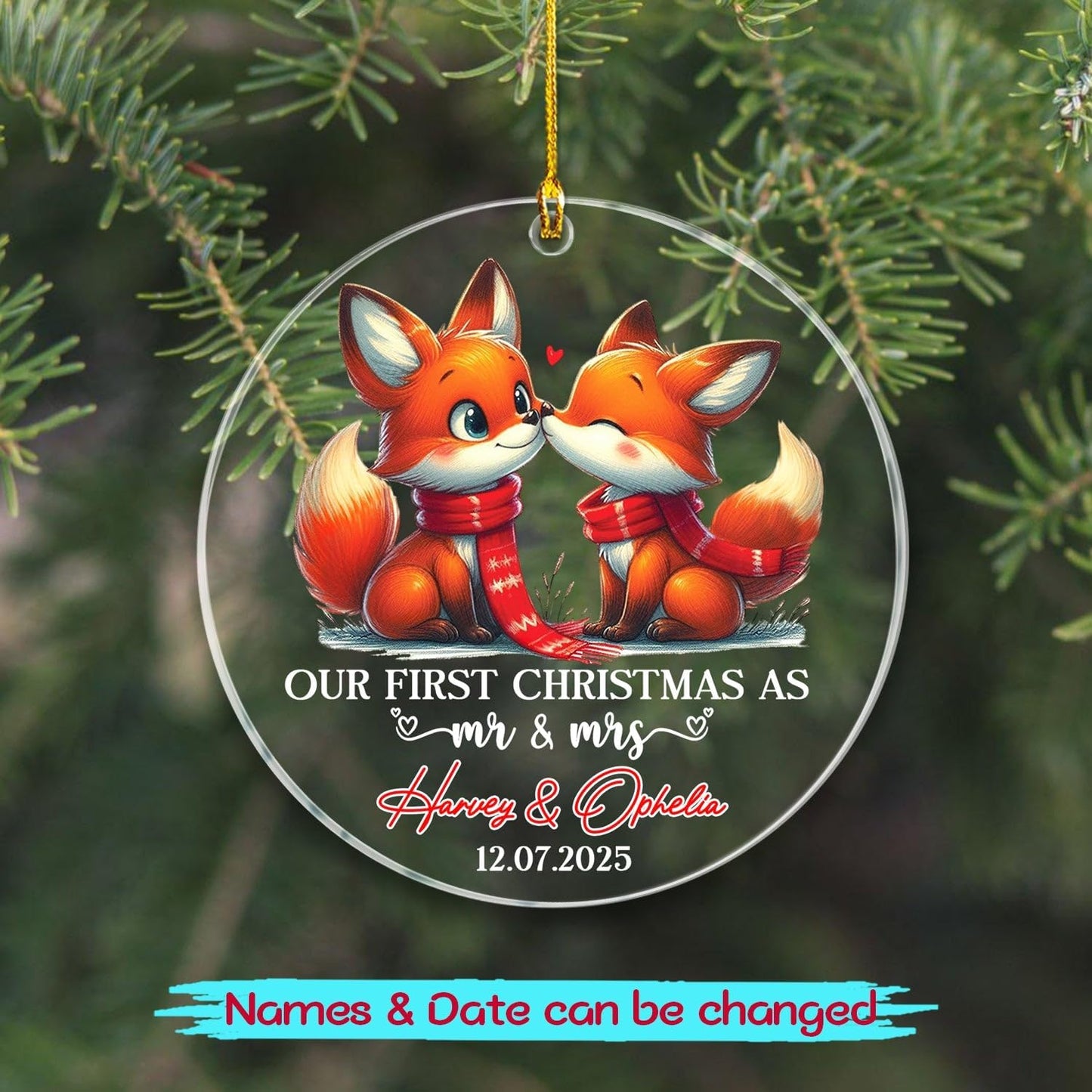 Personalized Our First Christmas As Mr & Mrs Ornament, Custom Date/Name Mr & Mrs Fox Married Xmas Ornaments Gift for Wedding Anniversary, Fox Marriage Christmas Ornament for Newlyweds/Just Married