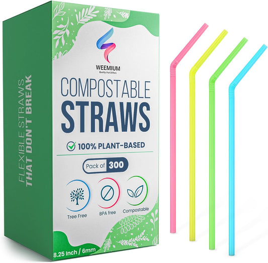 Weemium Compostable Straws Disposable 300 Pack | 100% Plant-Based Plastic-free, Disposable and Biodegradable | Flexible Colorful Drinking Straws are Best Alternative to Plastic