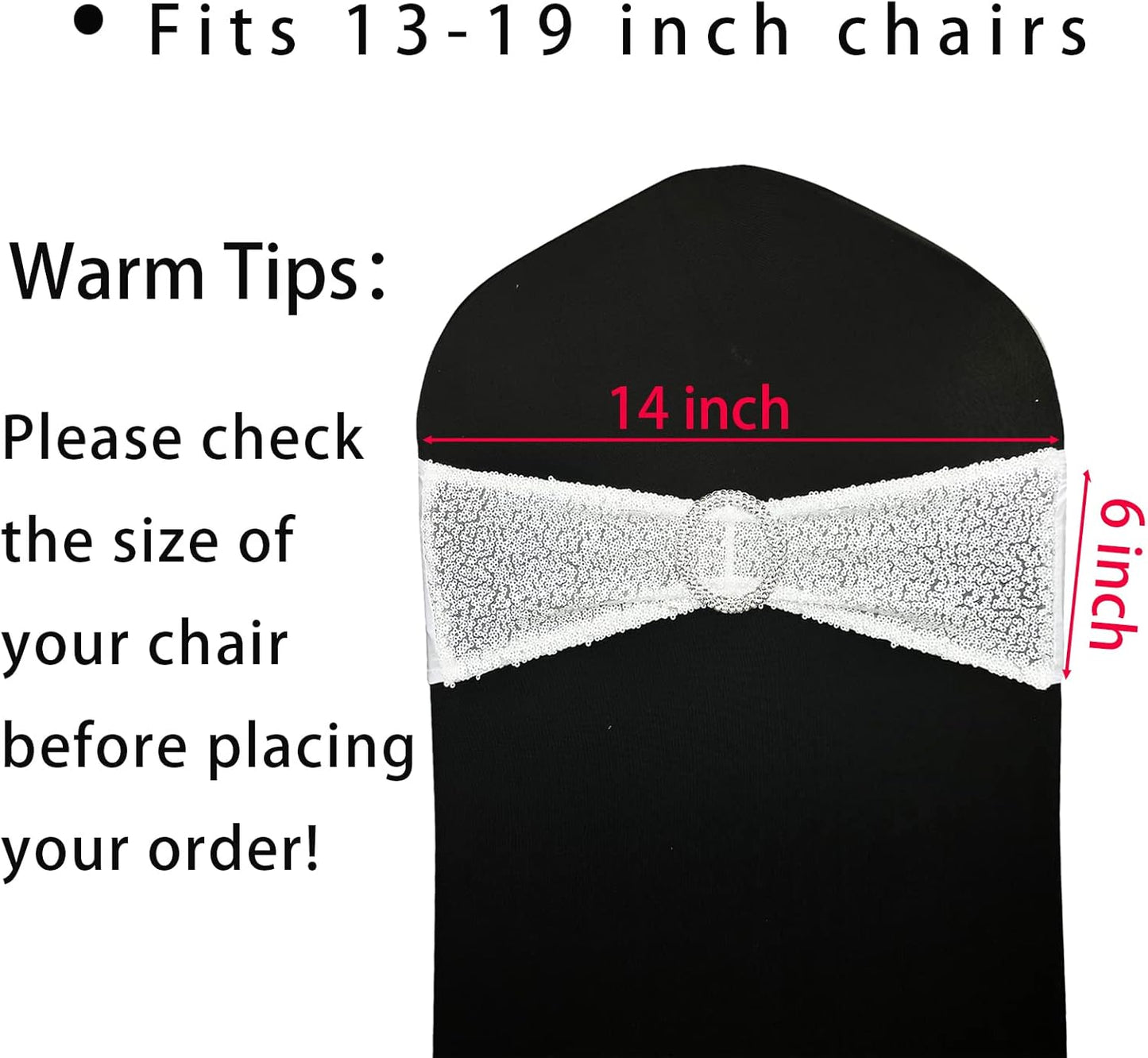 50 Pcs Chair Sashes Sequin Stretch Chair Bands Spandex Polyester Bows for Party Hotel Wedding Banquets Decoration - White