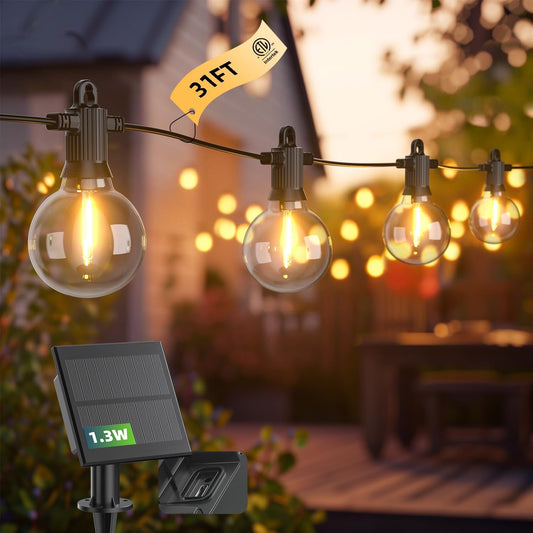 Kawaya Outdoor String Lights, LED Patio Light, Shatterproof Edison Globe Bulbs - IP65 Waterproof Dimmable Hanging Lights (Solar 31FT(15 Bulbs))