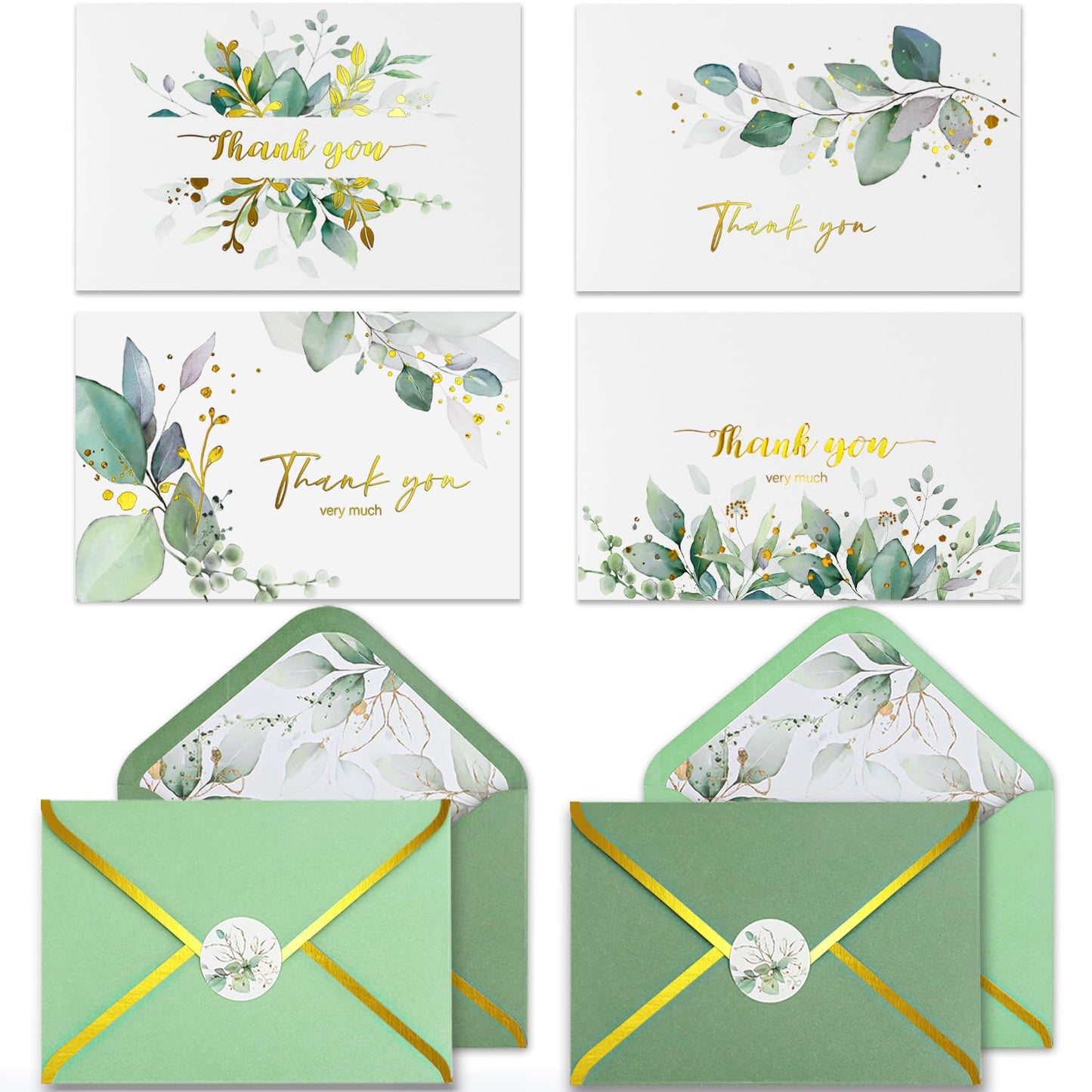 BGTCARDS Greenery Thank You Cards with Envelopes, Gold Foil, 32 Pack, 4×6”