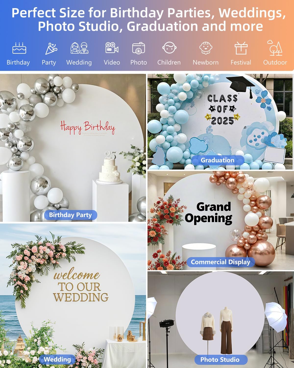 HEMMOTOP 7.2x7.2 ft Round Backdrop Cover White, Circle Arch Stand Cover for Wedding, Balloon Arched Covers Stretchy Backdrops for Party, Baby Shower, Fabric Photo Background 220cm