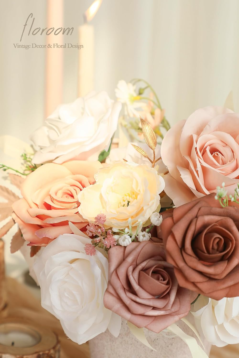 Floroom Morandi Peach Artificial Flowers Fake Roses Peonies and Greenery Combo Box Set for DIY Wedding Bouquets Bridal Shower Centerpieces Floral Arrangements Party Tables Home Decorations