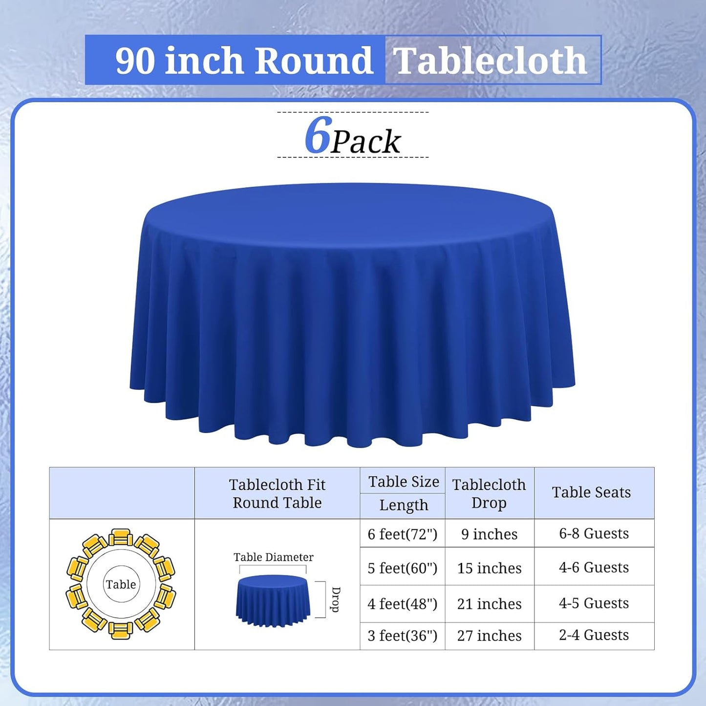6 Pack Round Tablecloths - 90 Inch, Royal Blue Polyester Table Cover for Round Table, Stain and Wrinkle Resistant Washable Fabric Table Cloth, Polyester Tablecloth for Wedding Banquet Parties