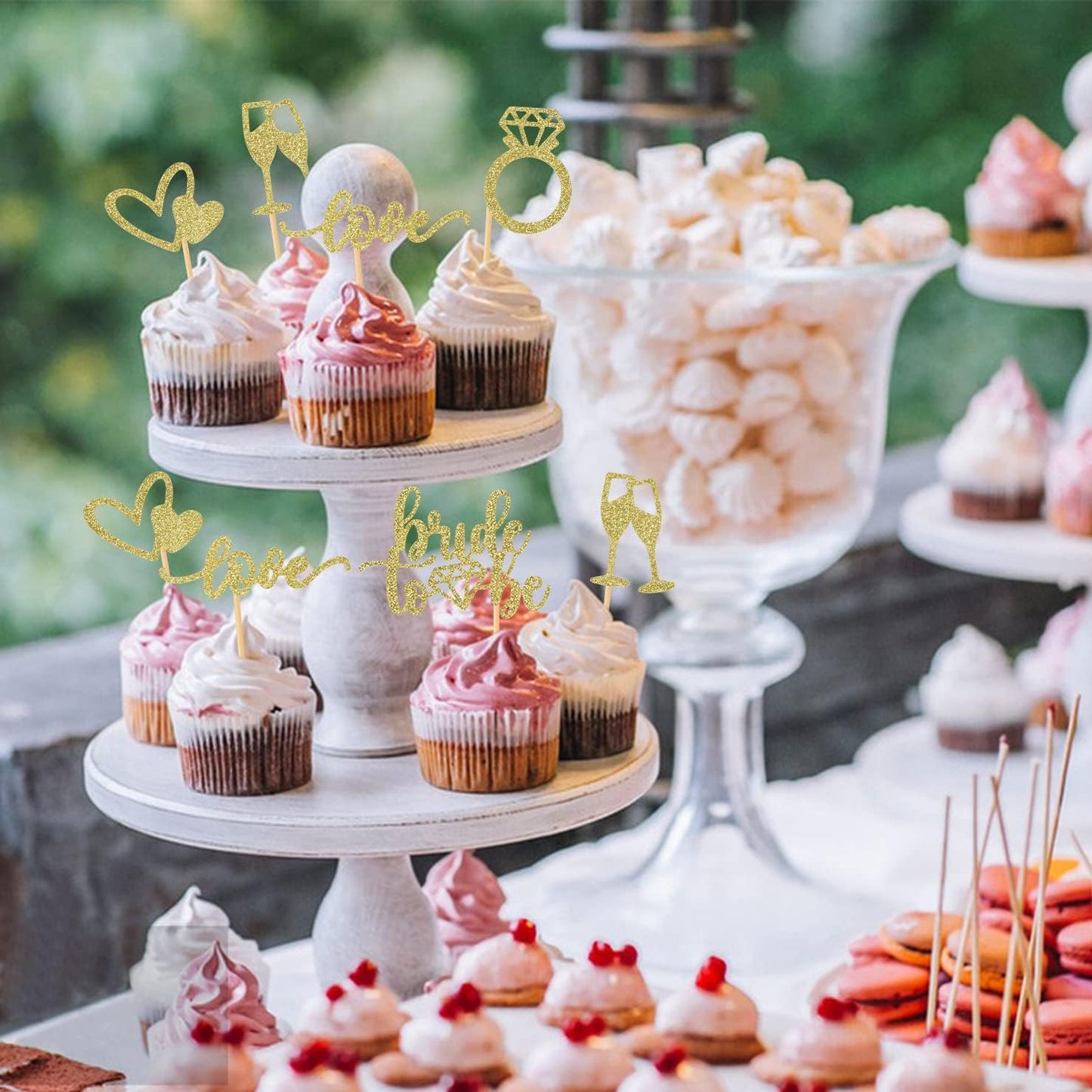 35 PCS Glitter Diamond Ring Bride to be Love Cupcake Topper Champagne Cake Picks Decorations for Bridal Shower Wedding Engagement Party Supplies, Gold