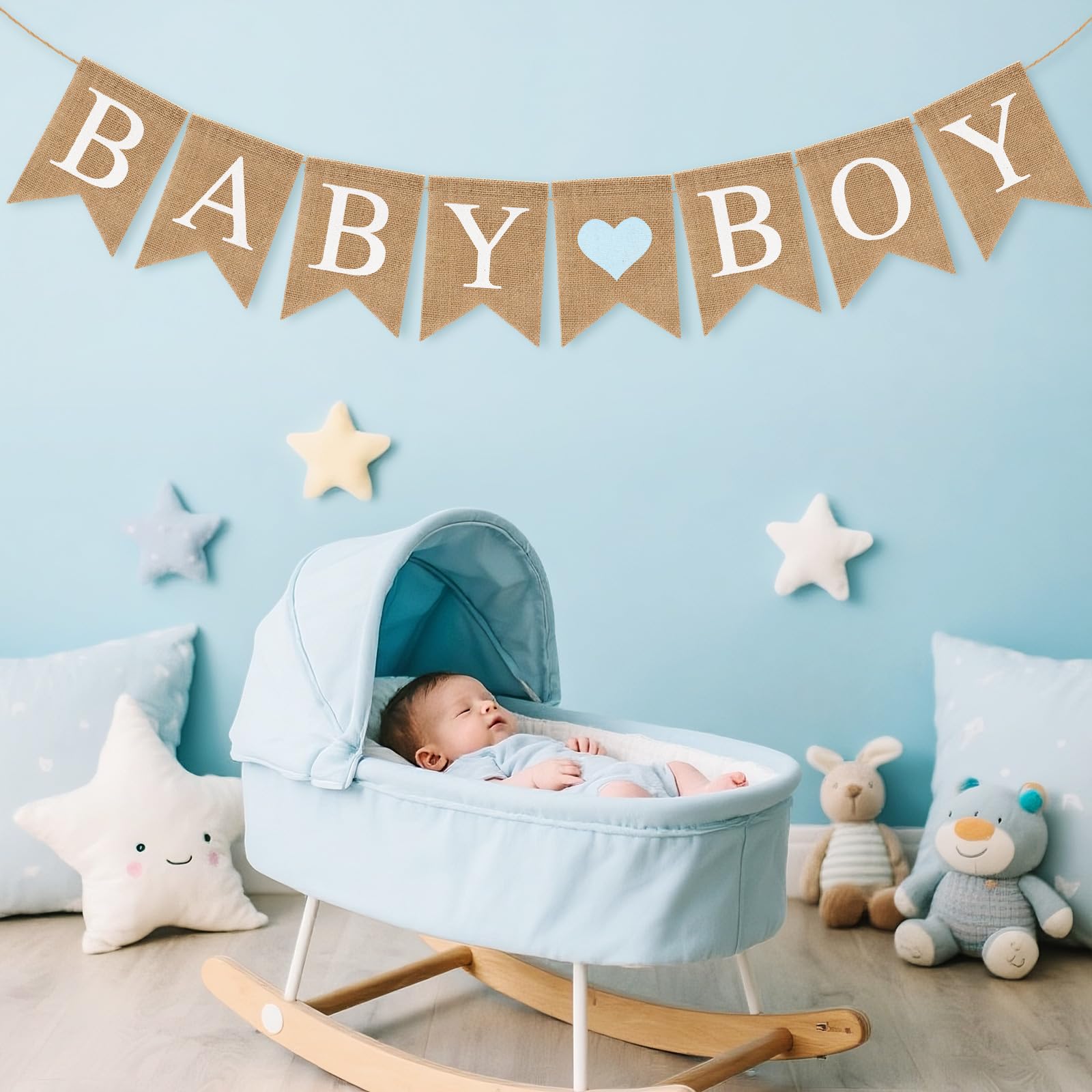 Pre-Strung Baby Boy Burlap Banner, Gender Reveal Banner for Baby Shower Party Decorations (Light