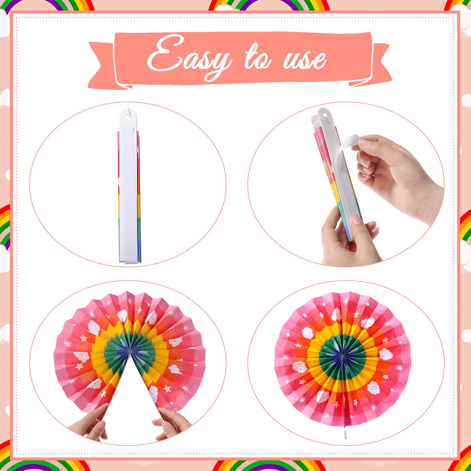 Outus 9 Pcs Rainbow Party Decorations Paper Fans Boho Classroom Bulletin Board Decor Ceiling Wall