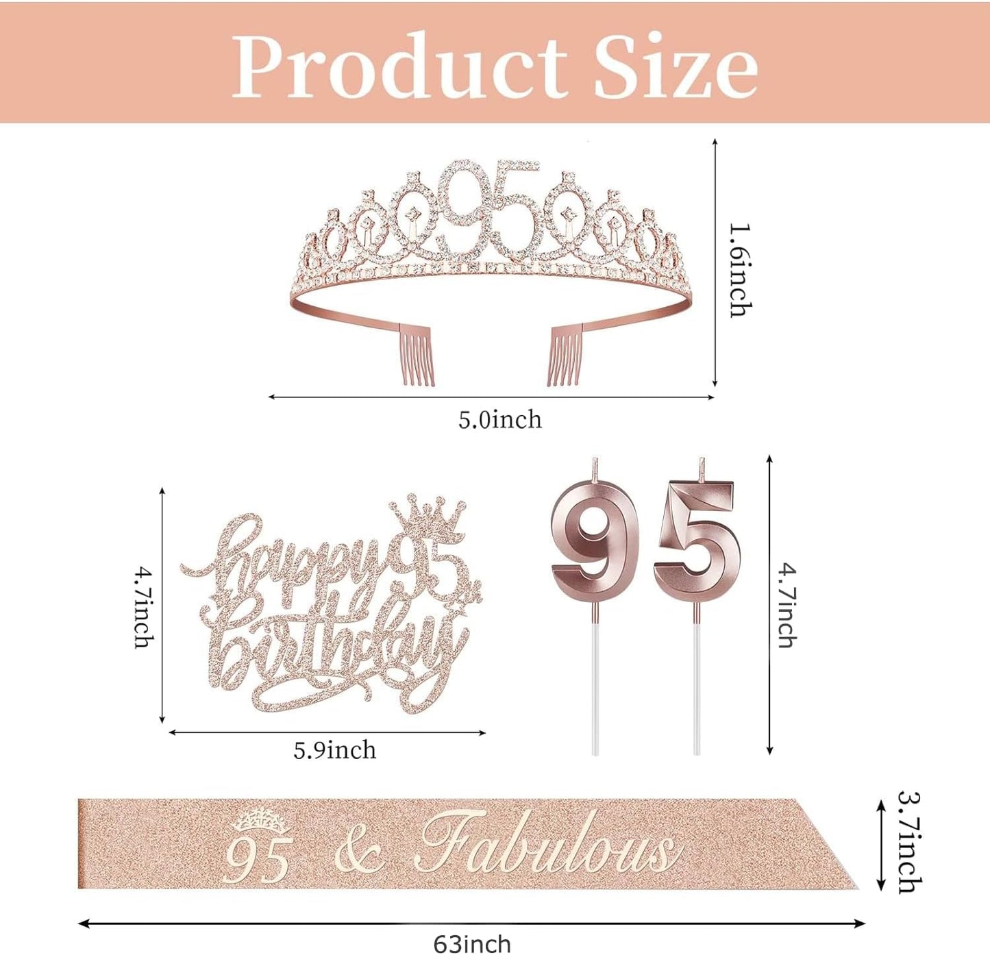 95th Birthday Decorations for Women Including Birthday Sash, Crown, Numeral Candles and Cake Topper, Rose Gold Party Decor Supplies