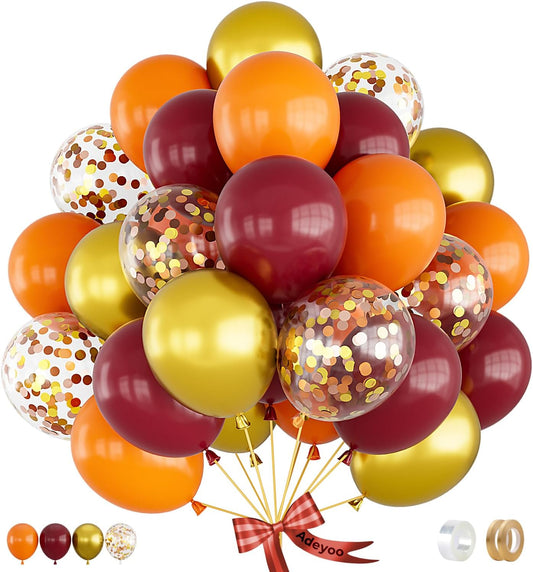 Fall Balloons,12 Inch Thanksgiving Balloons Set Burgundy Orange Metallic Gold Balloon Fall Color Confetti Balloon for Autumn Thanksgiving Birthday Baby Shower Party Decorations, 50Pcs