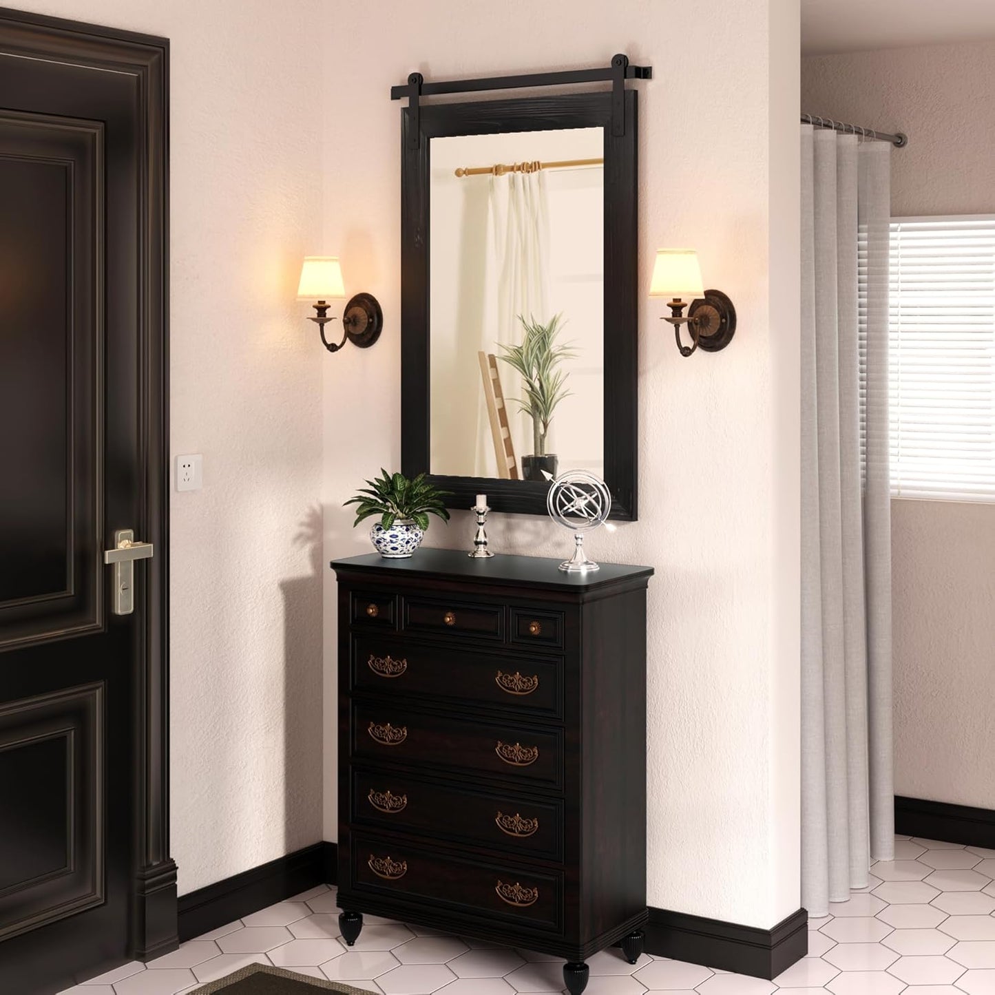 COGOOD Farmhouse Bathroom Mirror - 42 x 29 Rustic Barn Door Style Mirror for Living Room, Entryway, Vanity Wall Decor (Black)