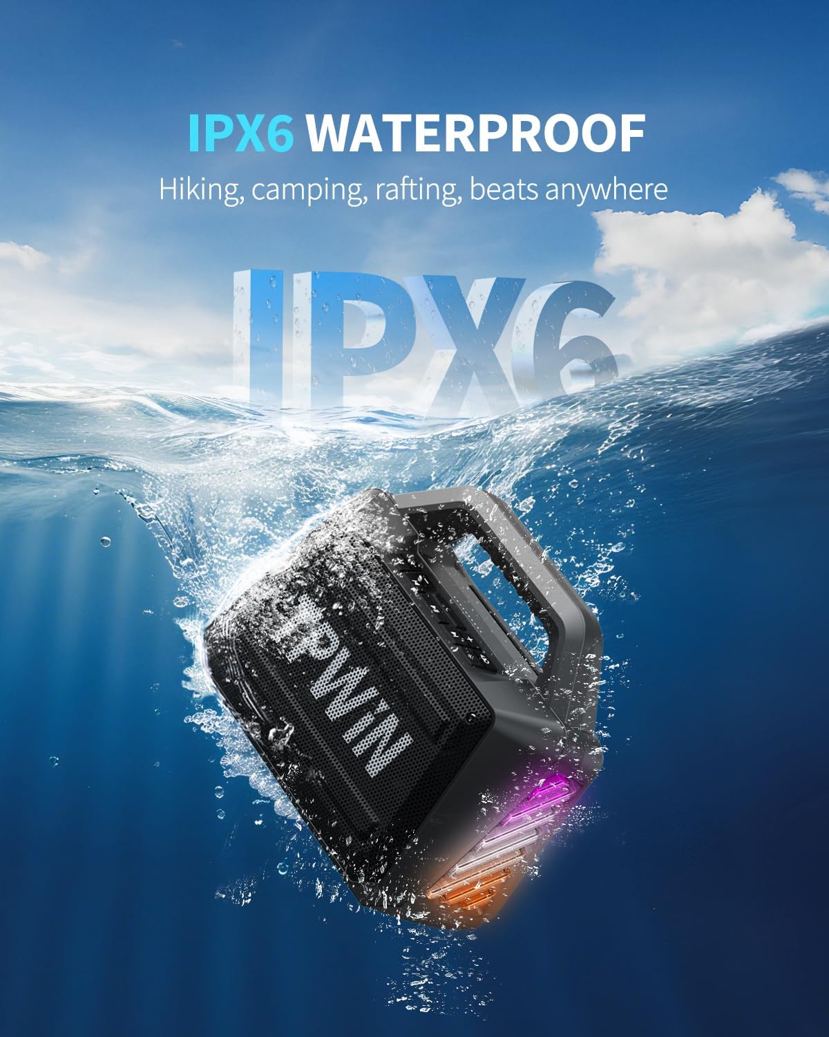 Bluetooth Speaker - 80W Loud Rugged Outdoor Speakers, IPX6 Waterproof, 20H Playtime, Deep Bass, Lightshow, TWS, BT 5.3 Wireless, Portable for Travel Hiking Camping Beach Pool - Black