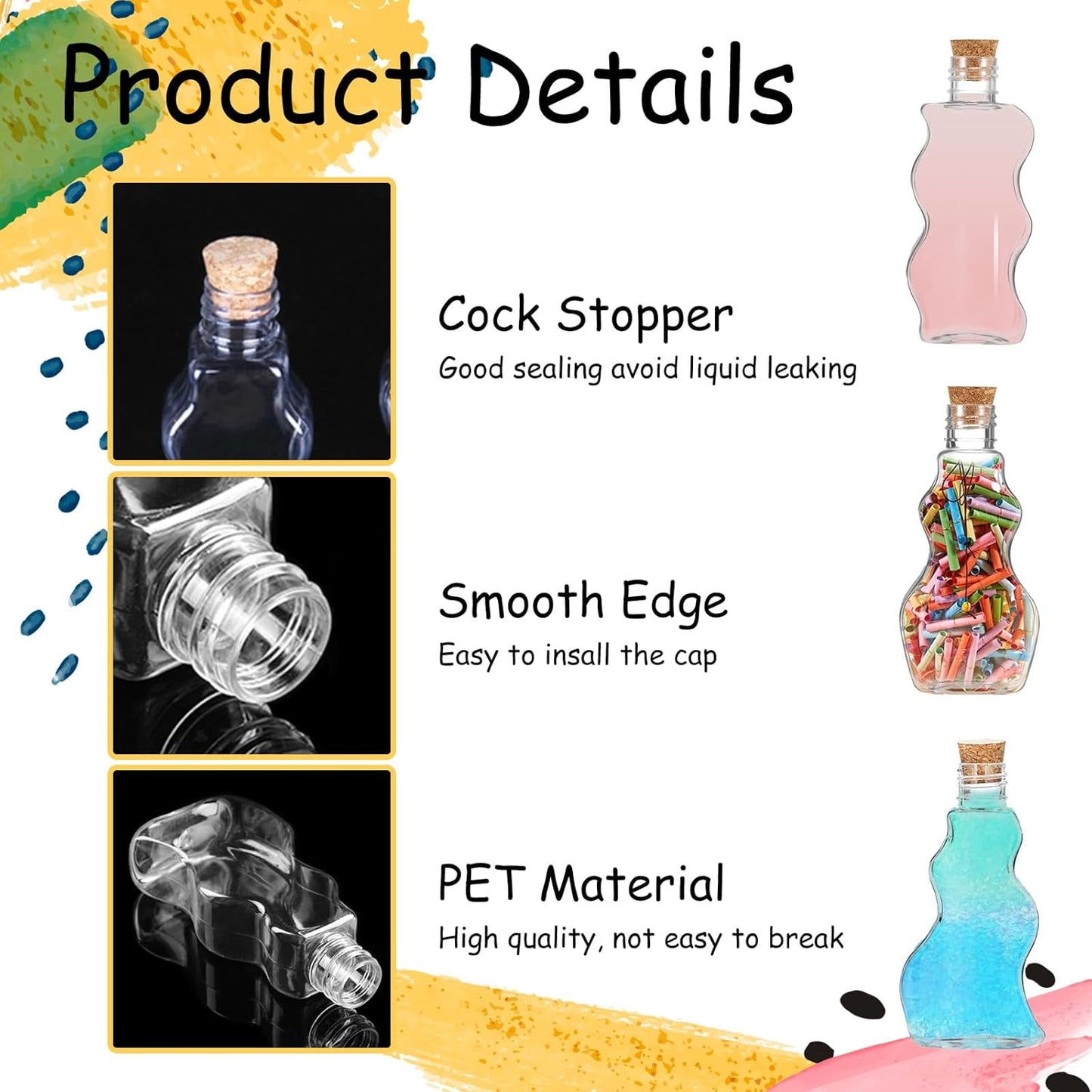 60 Pcs Plastic Sand Art Bottles with Corks and Funnels, 2.5 oz Clear Containers in 3 Styles for Wedding Invitations, Fun Crafts, DIY Projects, Party Decorations