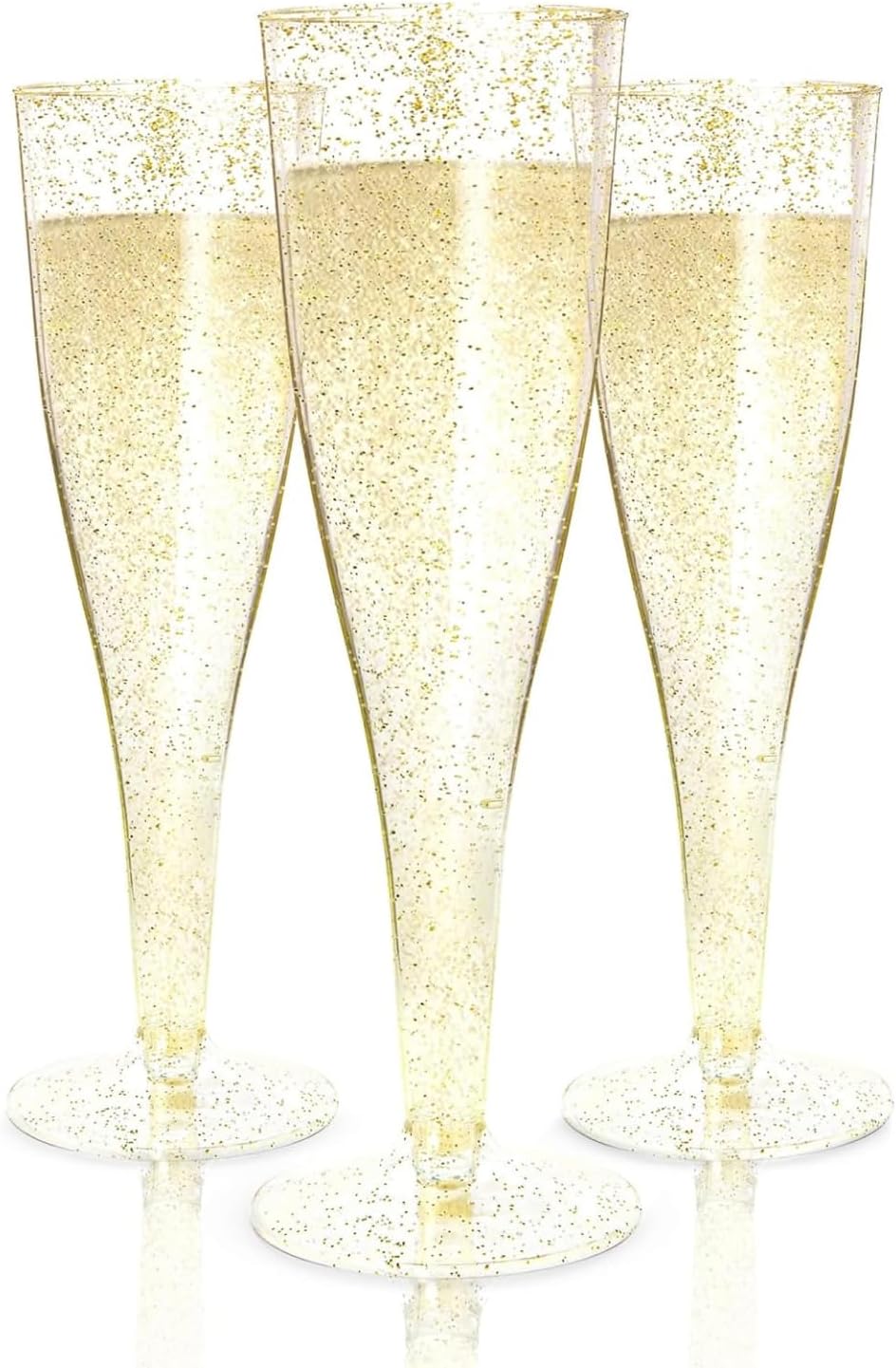 Prestee 200 Disposable Champagne Flutes Gold Glitter Glasses - 4.5 Oz Plastic Champagne Cups for Parties, Wedding Toasts, Mimosa Bar, and New Year’s Eve - Elegant Bulk Gold Plastic Wine Flutes