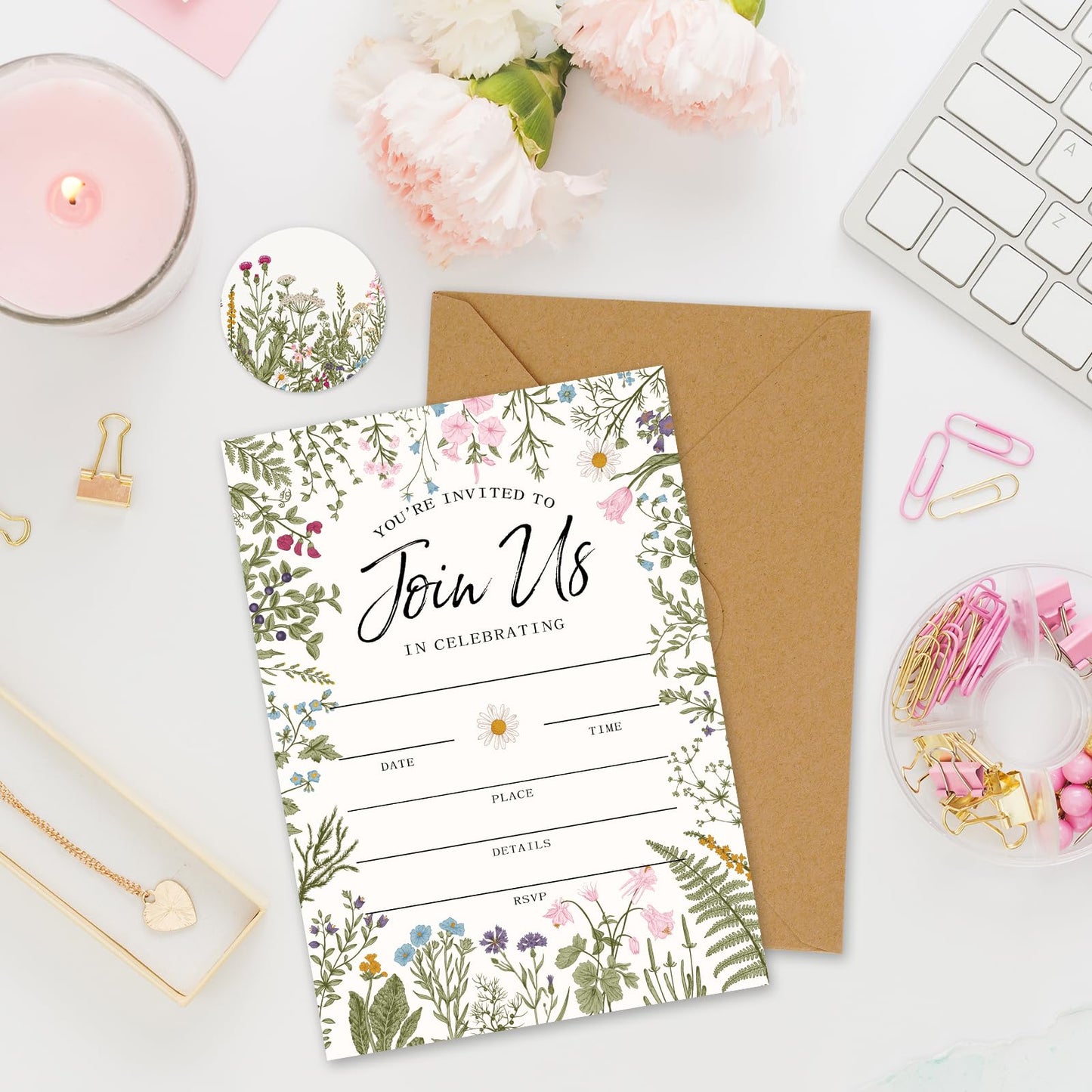 Whaline 25 Packs Vintage Floral Invitations with Envelopes and Stickers Retro Wildflower Invitation