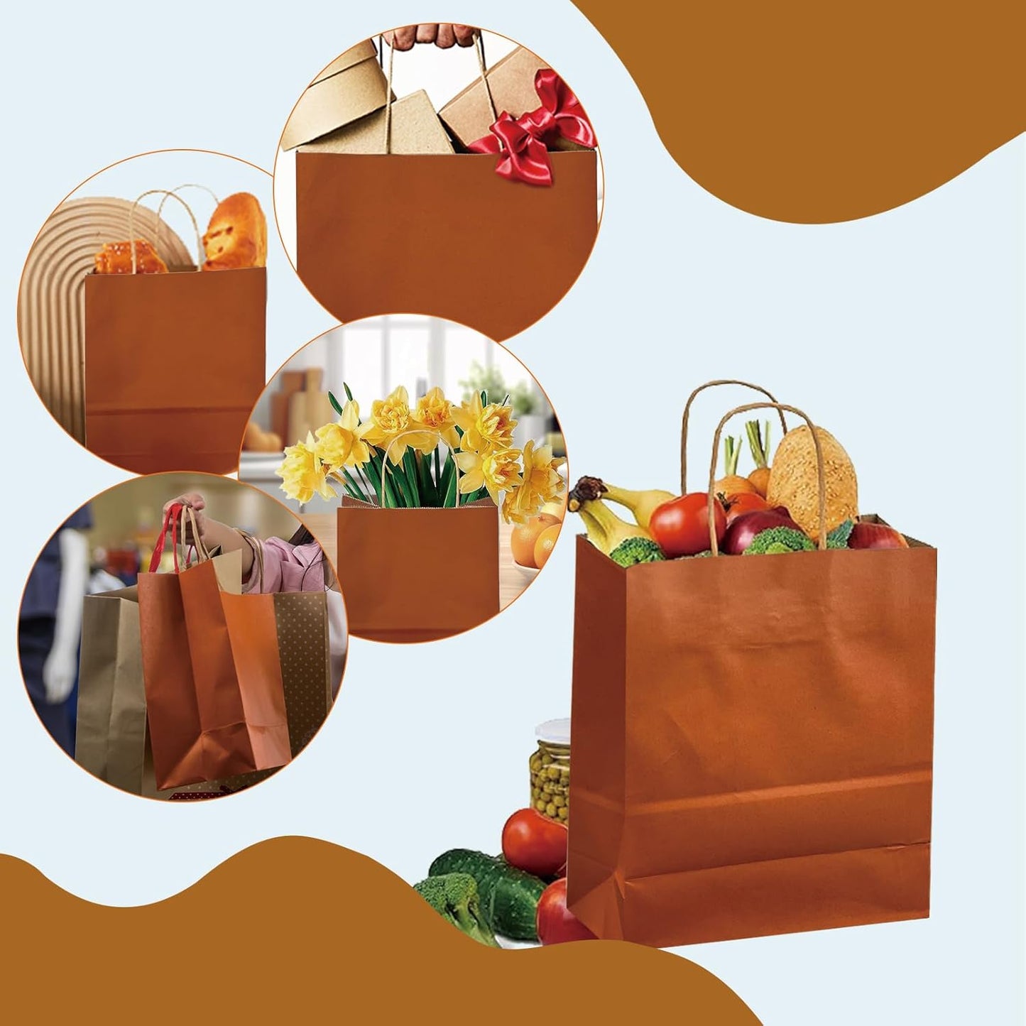 BAG BOX 50 Pack Small 5.9x3.1x8.25 Inch Orange Kraft Paper Gift Bags with Handles for Bulk Shopping, Retail, Craft, Party Favors, Wedding, Grocery & Sacks