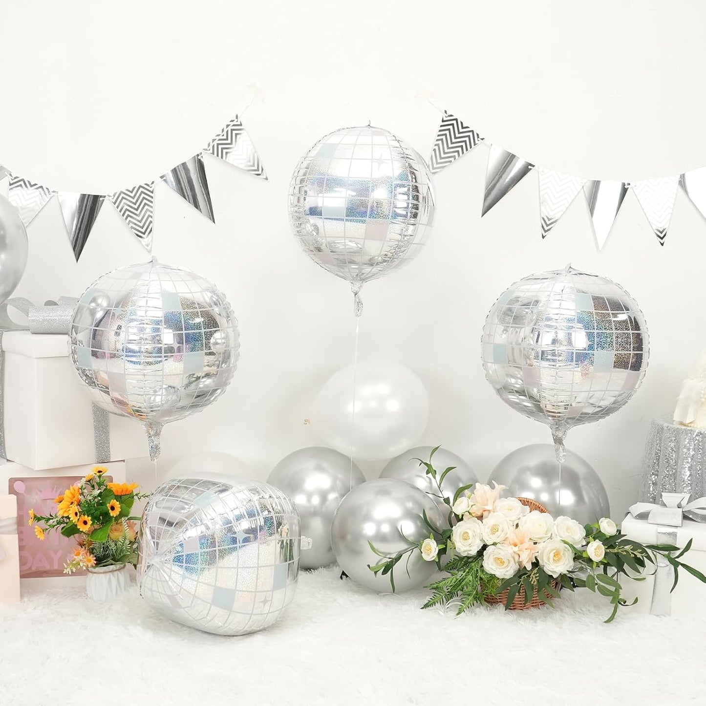 Iridescent Disco Ball Balloons 4PC,Foil Disco Balloons 22 Inch 4D Round Balloon for 70s 80s Birthday Bachelorette Graduation Decorations