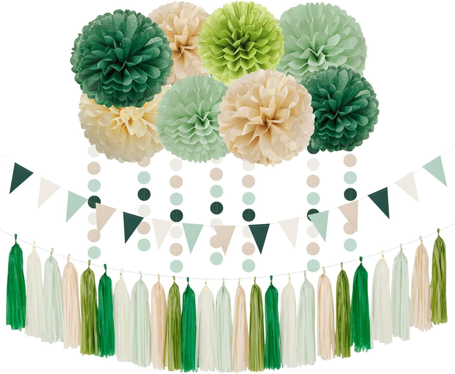 Sage-Olive Green Champagne-Gold Party Decorations - 30pcs Rustic Boho Wedding Paper Tissue Pom Poms Streamers,Tassel Garland Banner,Birthday Baby Bridal Shower Engagement Decor Lasting Surprise