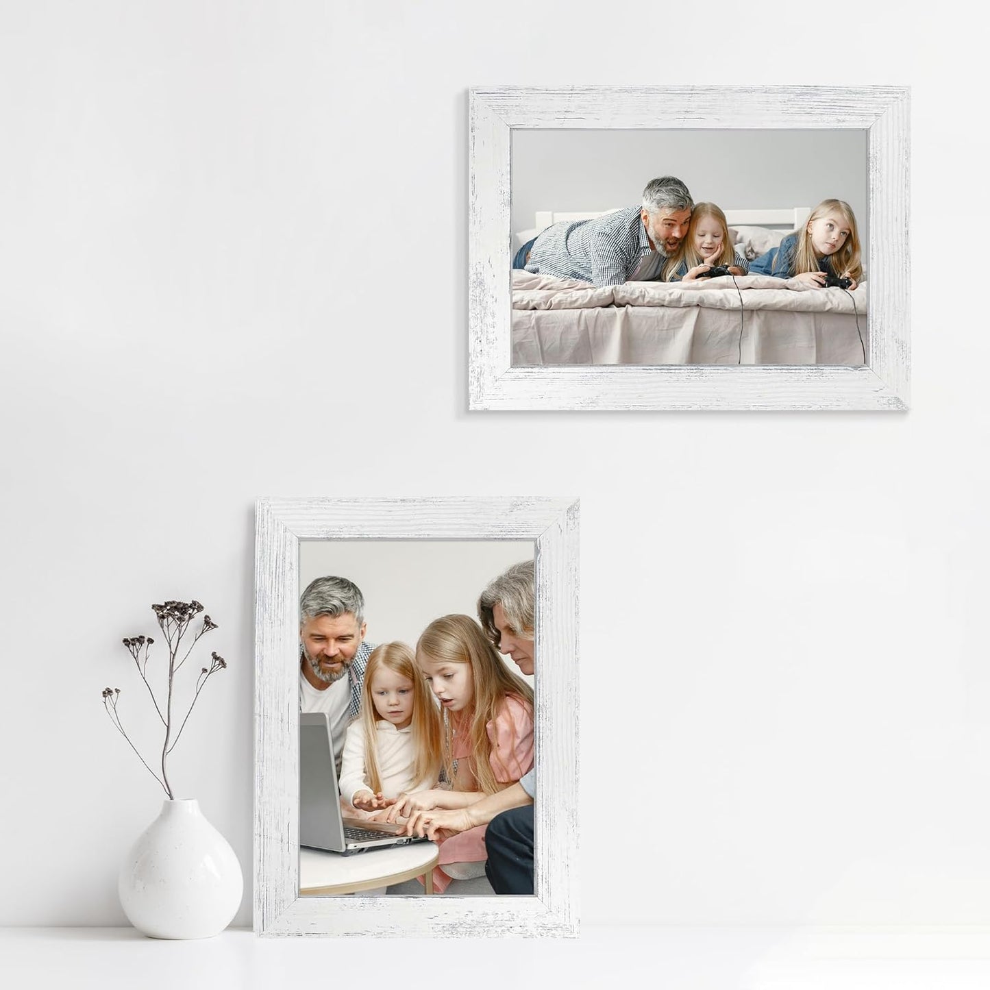 6x9 Picture Frame Set of 4, High Definition Glass Distressed White Frame, 6 x 9 Wood Photo Frames for Horizontal or Vertical Tabletop Display and Wall Mounting