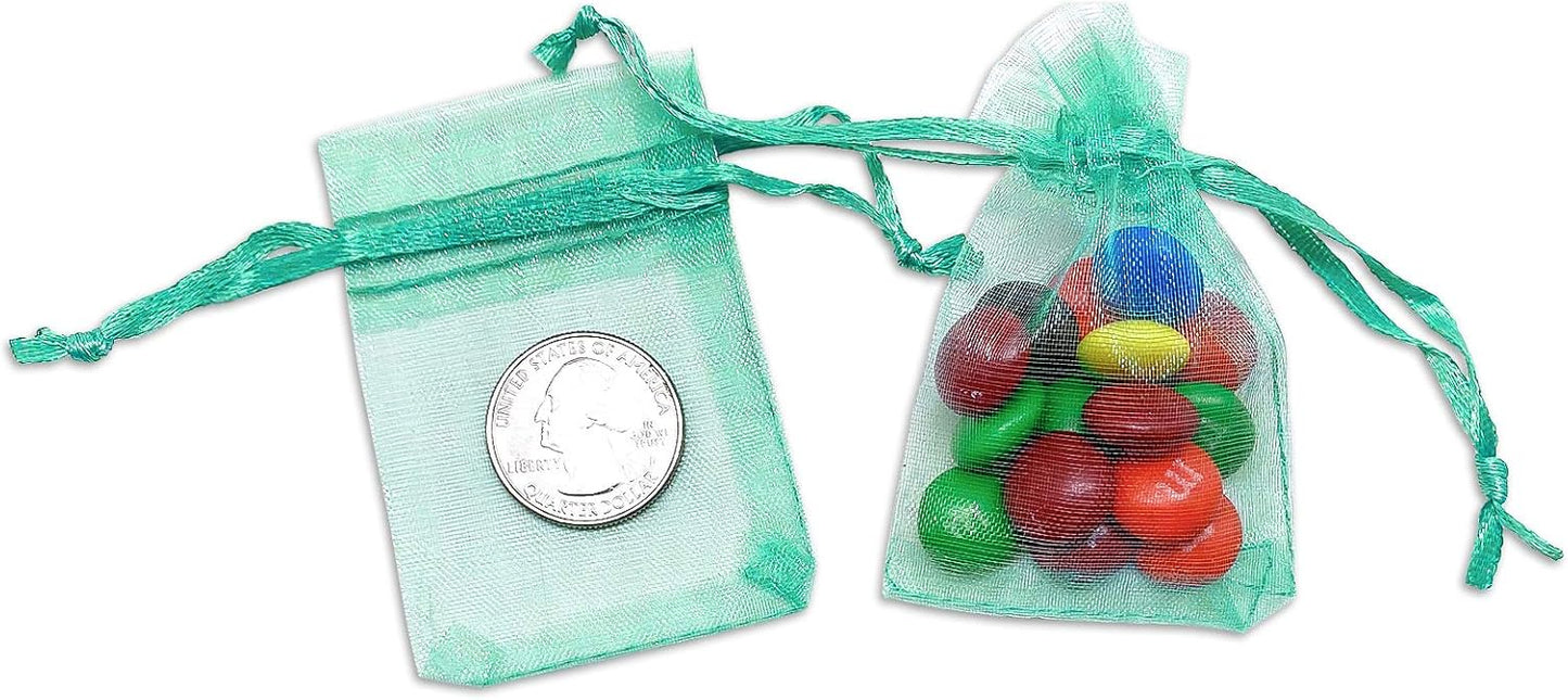 TheDisplayGuys 100-Pack XS XS 2x2 3/4" Teal Sheer Organza Gift Bags with Drawstring, Jewelry Candy Treat Wedding Party Favors Mesh Pouch
