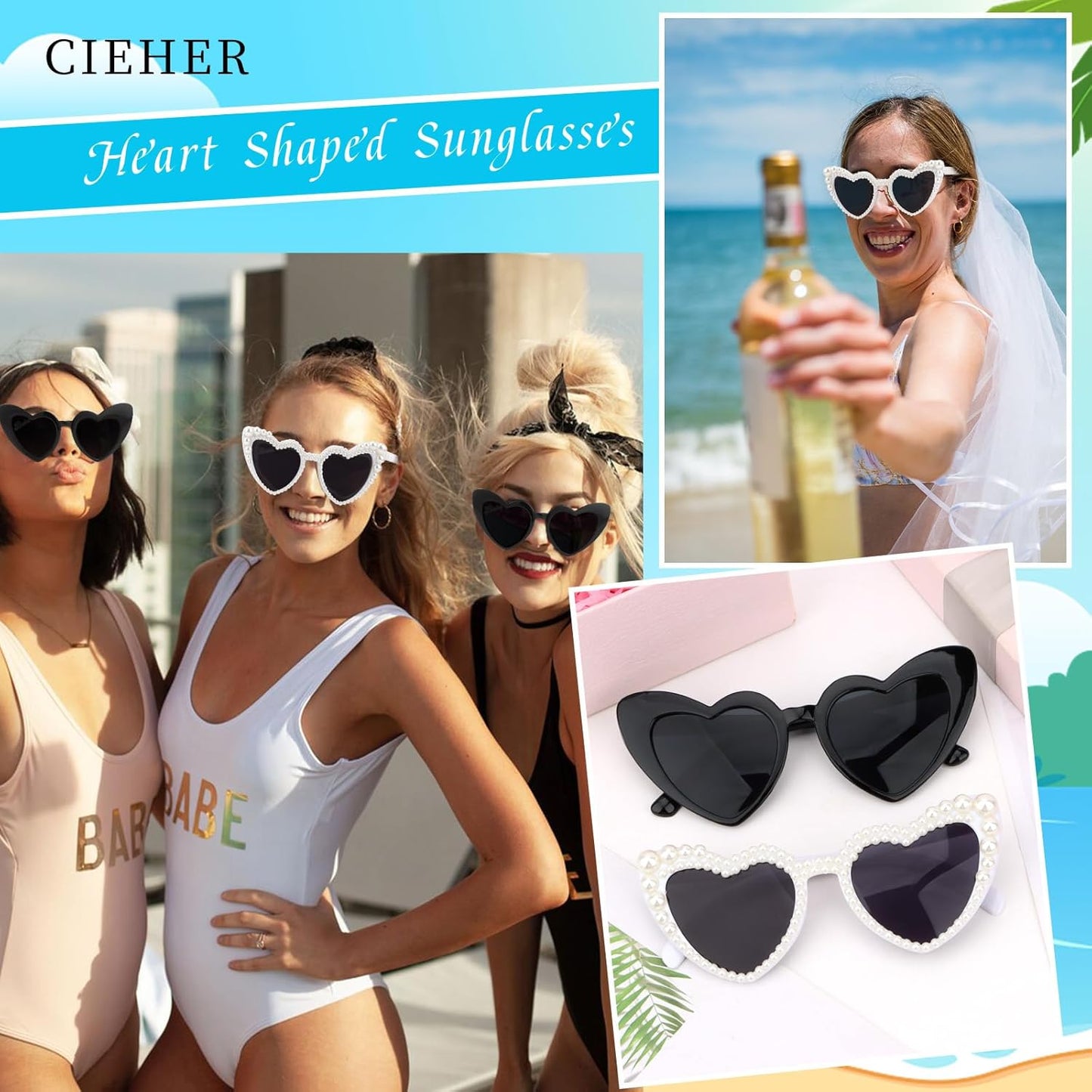 CIEHER Bachelorette Party Favors - White Black Heart Sunglasses for Bride Bridesmaid