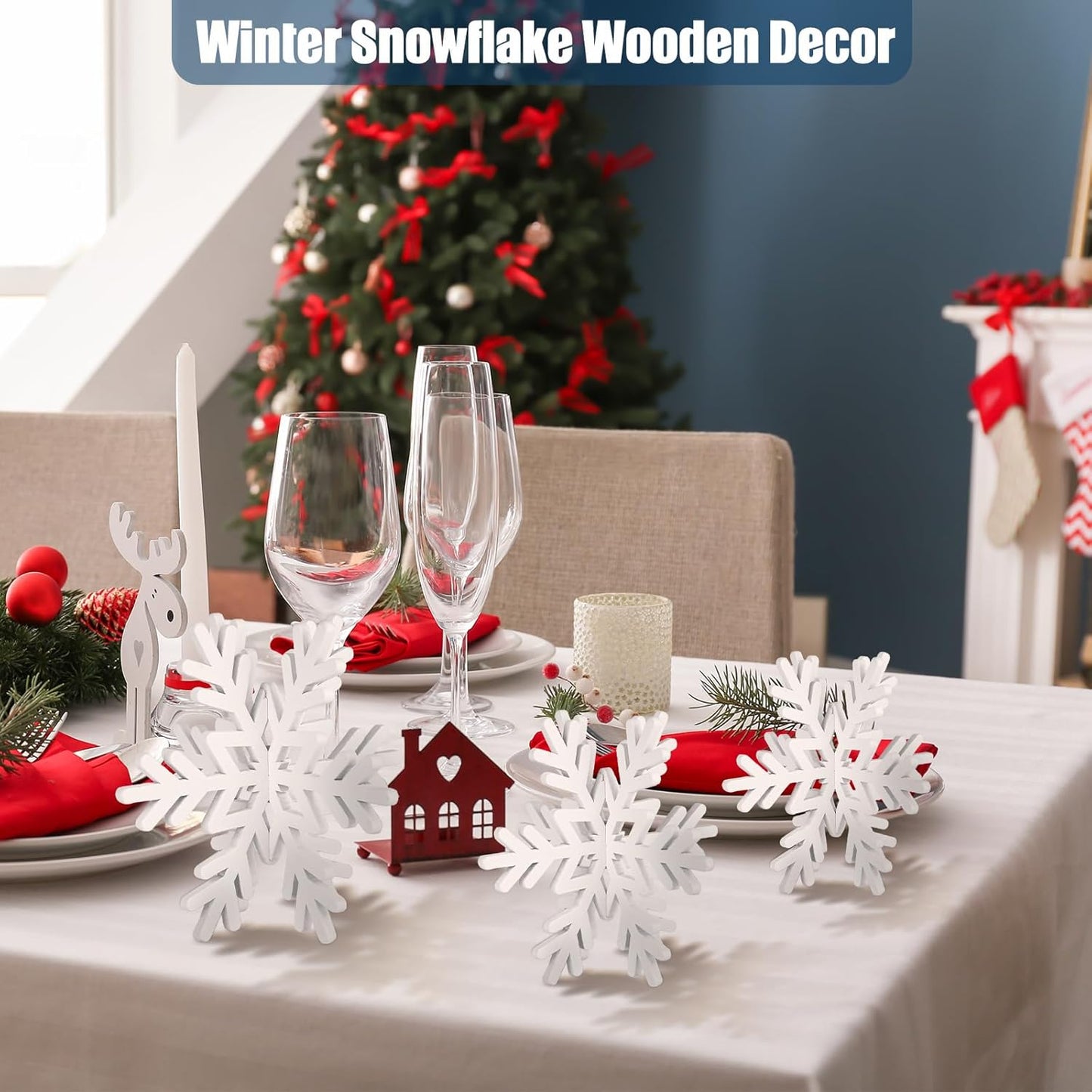 Qunclay 20 Pcs Wooden Snowflake Decorations 3D Snowflake Tabletop Decor Christmas Signs and Centerpiece for Winter Wonderland Decorations Xmas Tiered Tray Decor(White)