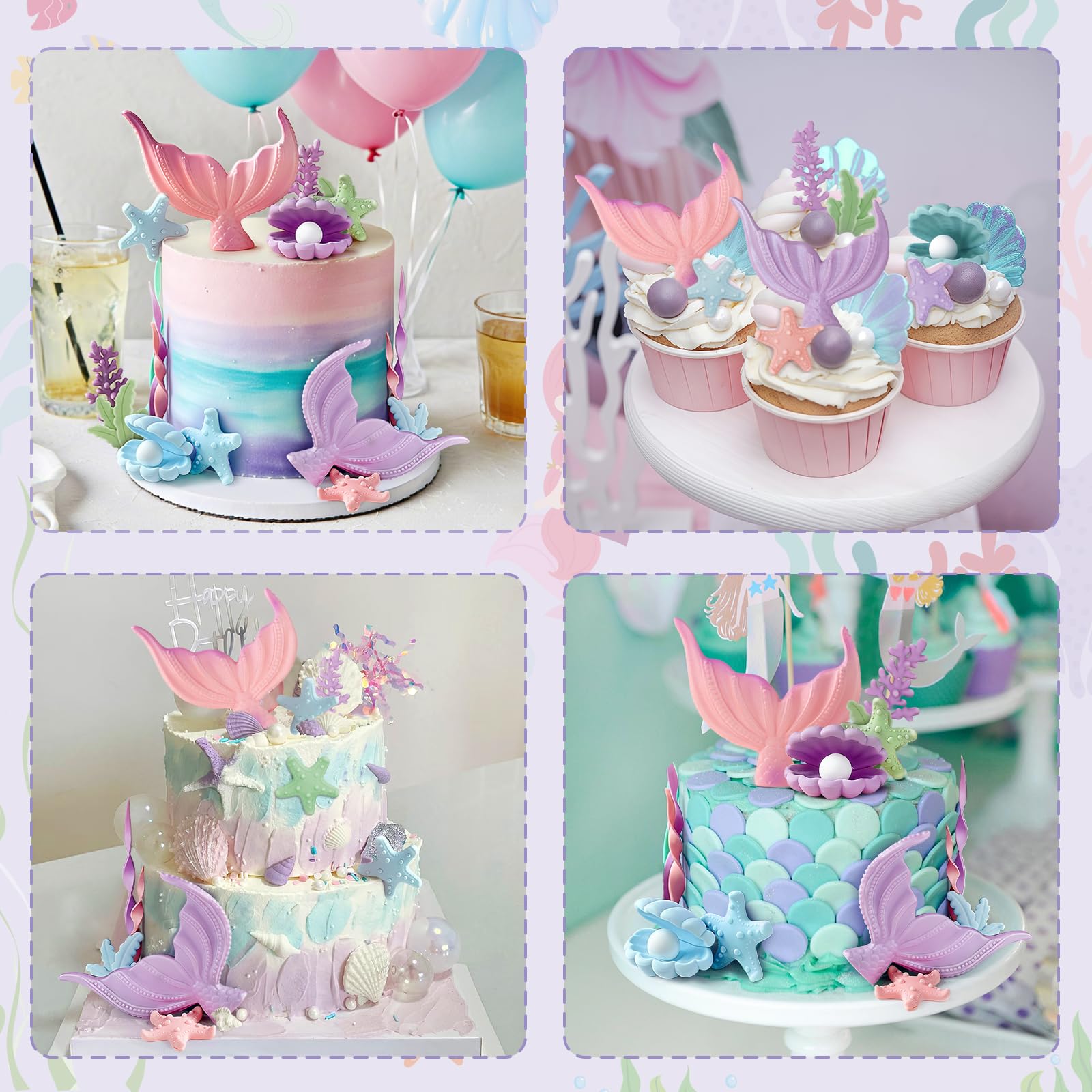 21pcs Mermaid Cake Topper - Mermaid Tail Cake Decorations with Seaweed Shells Starfish Coralal