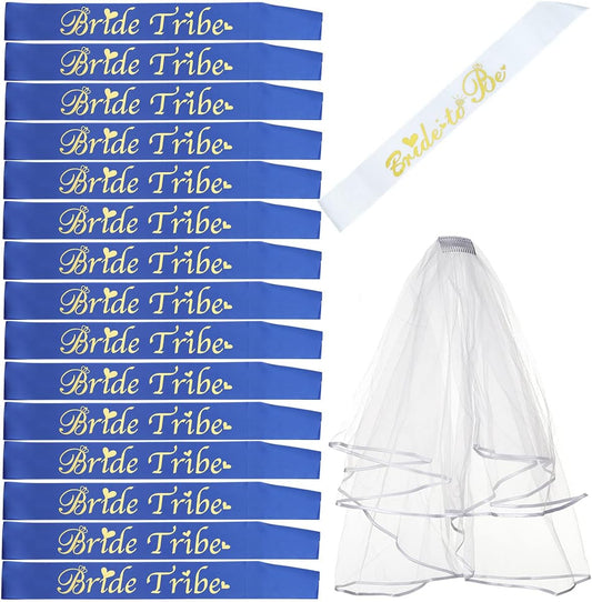 Bride Tribe Bridesmaids Sashes Sets Bachelorette Party Decorations Supplies Bridal Shower Favors Gift (Blue, 16 Sash with 1 Veil)