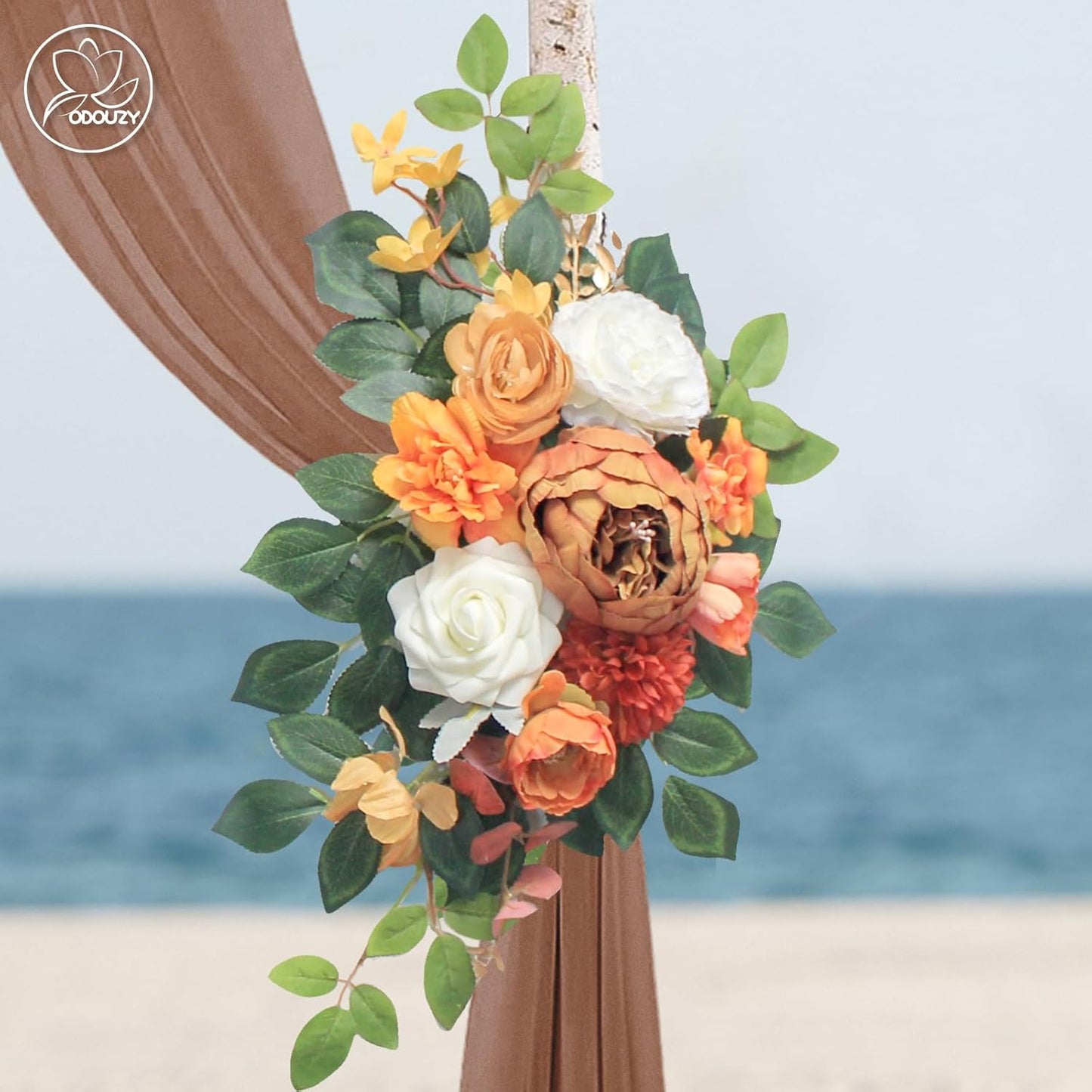 Wedding Arch Flowers Kit,Artificial Flower Arch Decor (Set of 3),2pcs Artificial Flower Arrangement with 1pc Sheer Drape for Wedding Decor Reception Backdrop Floral Decorations (Autumn Orange)