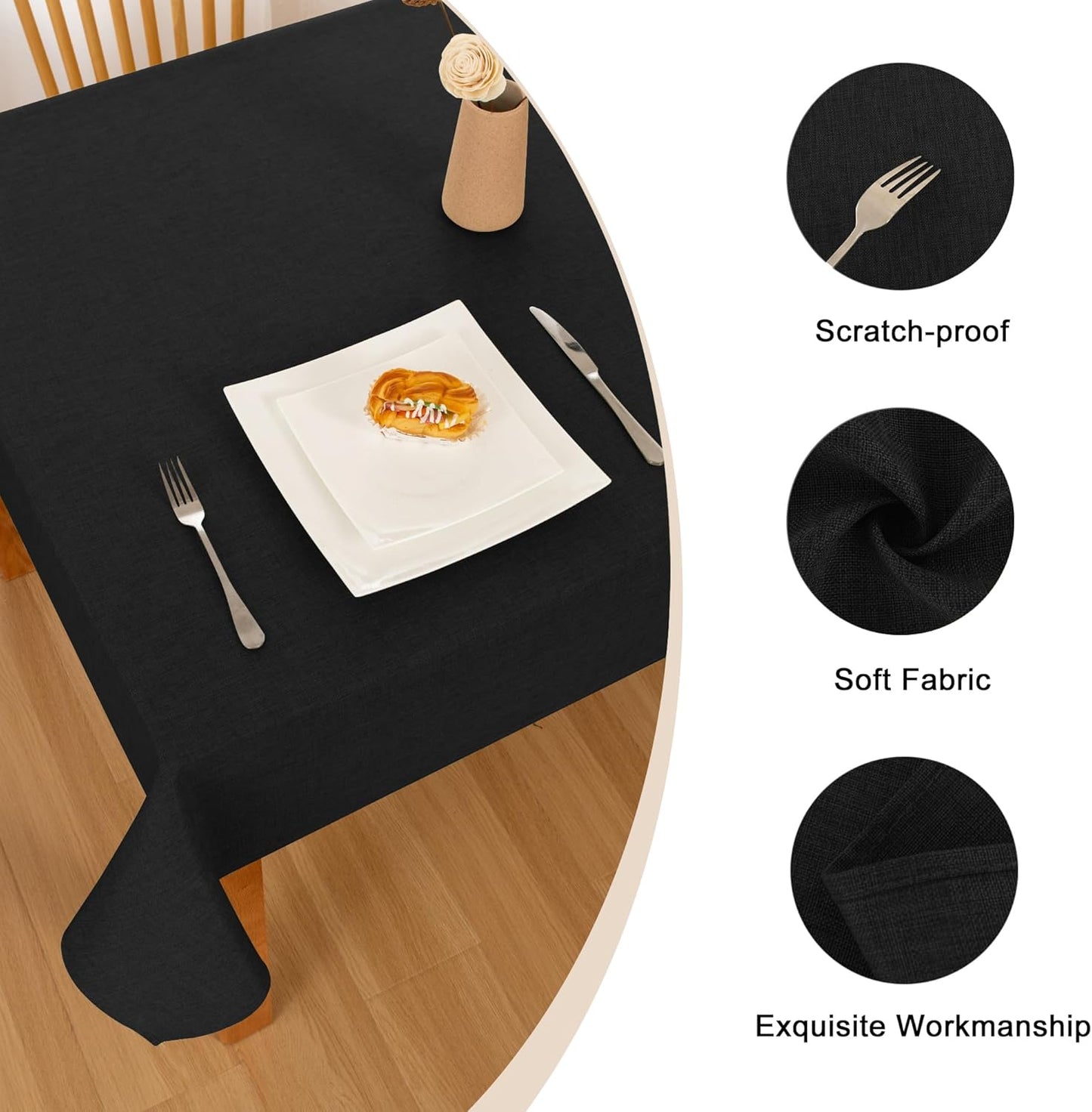 Hiasan Faux Linen Rectangle Tablecloth - Wrinkle and Stain Resistant Washable Table Cloth for Kitchen Dining Room Holiday Table Cover for Party Dinner, Black, 54 x 80 Inch