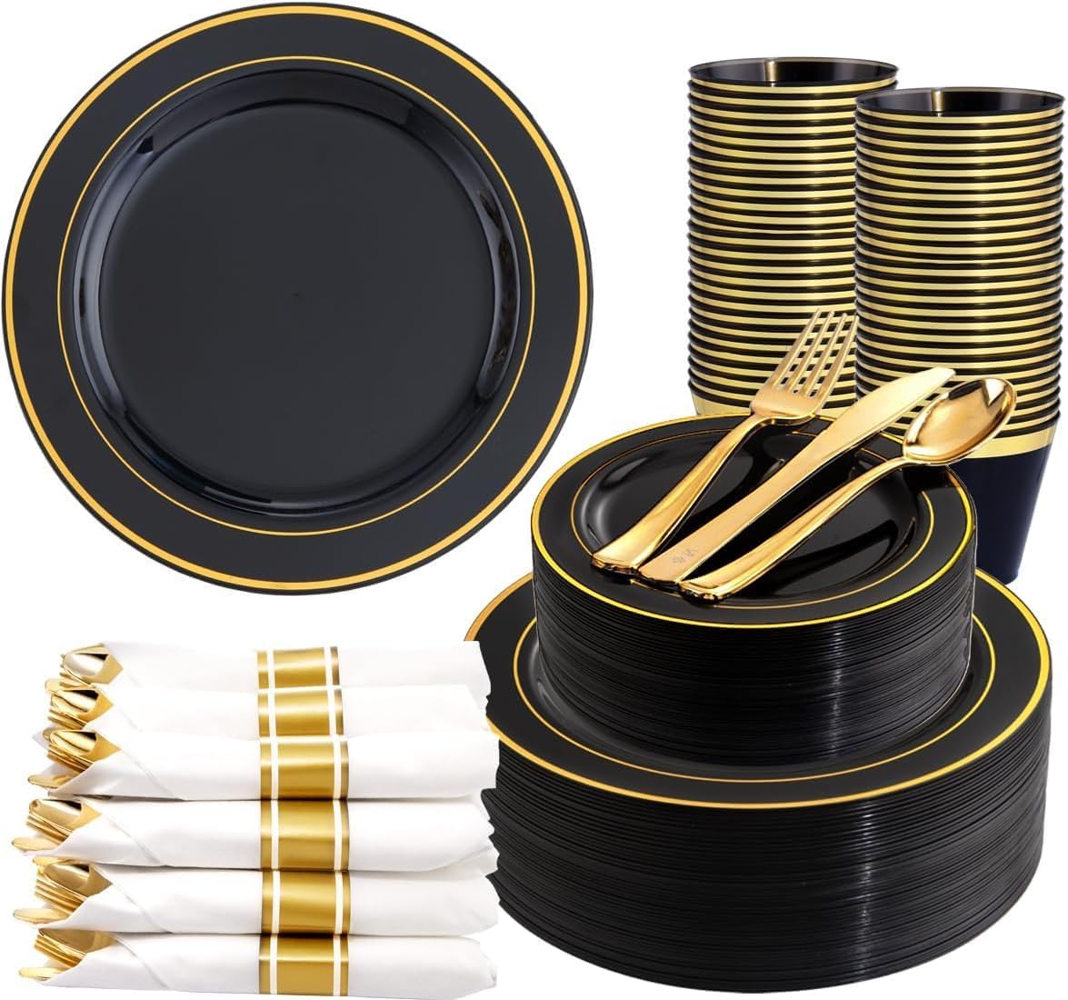 350 Pieces Black and Gold Plastic Plates with Disposable Silverware, Include 50 Dinner Plates 9”