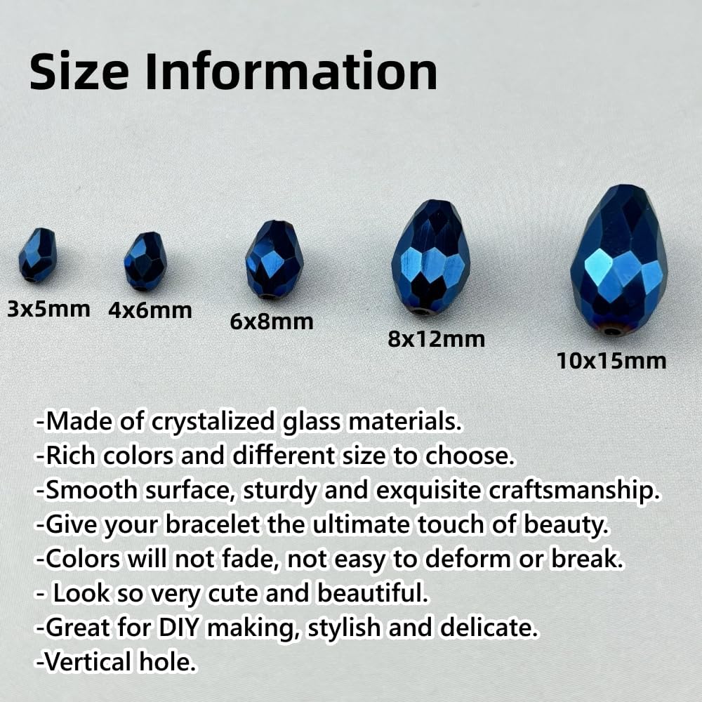 200pcs 3x5mm Teardrop Crystal Glass Beads for Jewelry Making, Faceted Vertical Hole Teardrop Glass Spacer Beads for Wind Chimes Bracelet Earring Necklace DIY Craft(Blue Light)