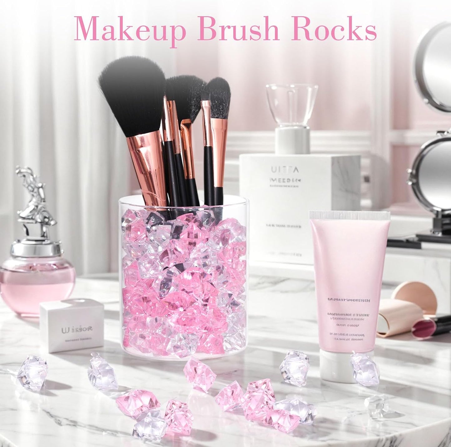 DomeStar Fake Ice, 150PCS Acrylic Fake Diamonds Vase Fillers Pink and Transparent Rocks Plastic Gems for Party Table Scatter Decor