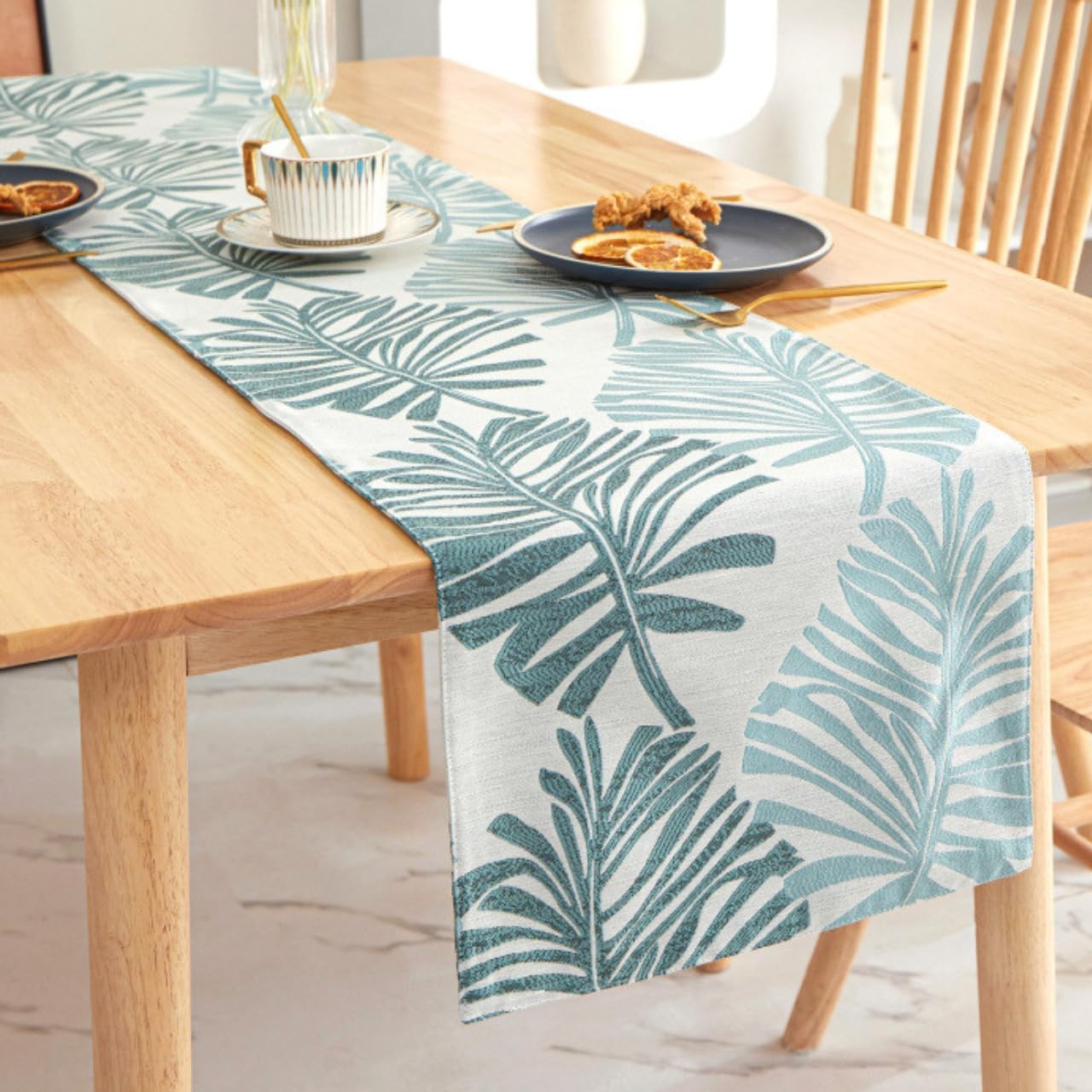 Monstera Leaf Table Runner – Elegant Fabric Table Centerpiece, Machine Washable, Gold or Green, 71"/83"/94" Length, 13" Width (Green/83)