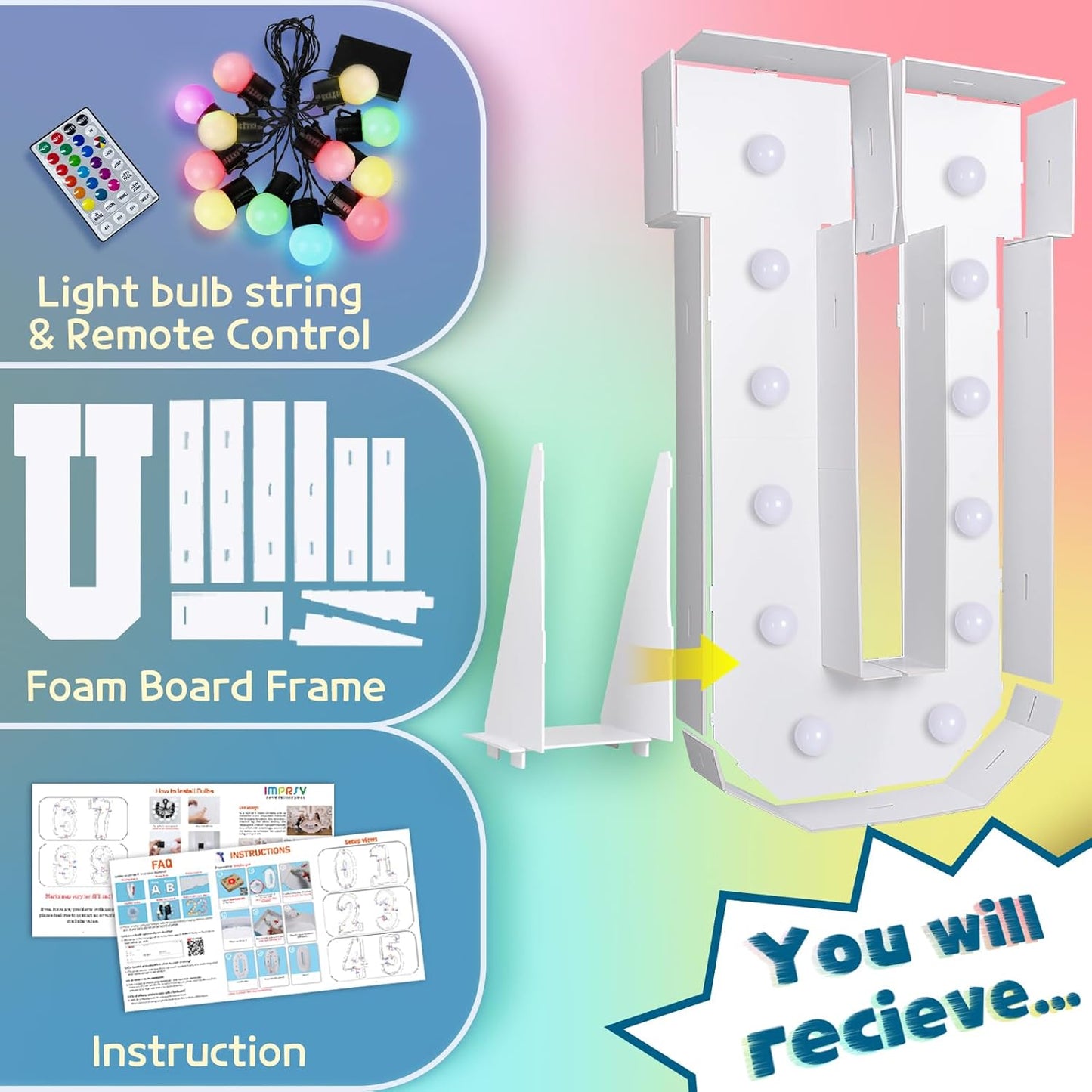 imprsv 4FT Colorful Marquee Light Up Letters U, 18 Colors Large Light up Letters Alphabet Sign with Remote, Large Marry Me Sign, Birthday Party Decorations Baby Shower Anniversary Wedding Decoration