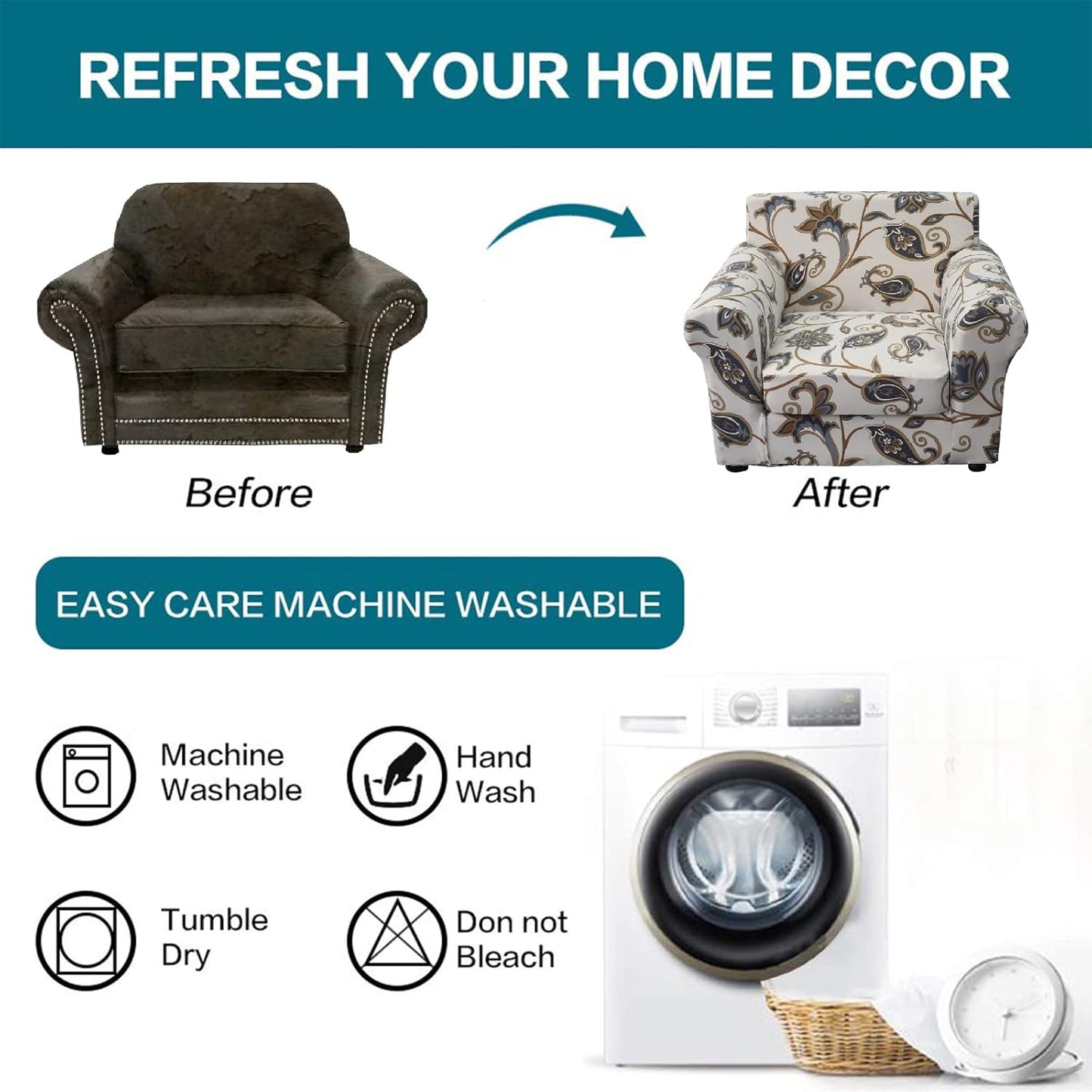 KRFOONN 2 Piece Chair Covers Printed Sofa Covers Couch Covers Washable Armchair Sofa Couch Slipcover Furniture Protector with Elastic Bottom for Living Room (Armchair, 03), Small