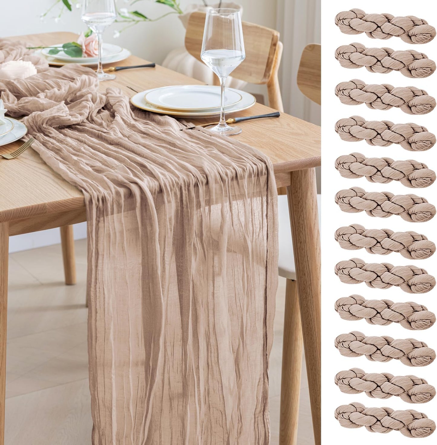 Asee'm 12pcs Cheesecloth Table Runner 120 Inches Long Nude Pink Boho Gauze Cheese Cloth Runner 10FT Rustic Sheer Table Runners for Christmas Wedding Party Baby Shower Spring Easter Decoration