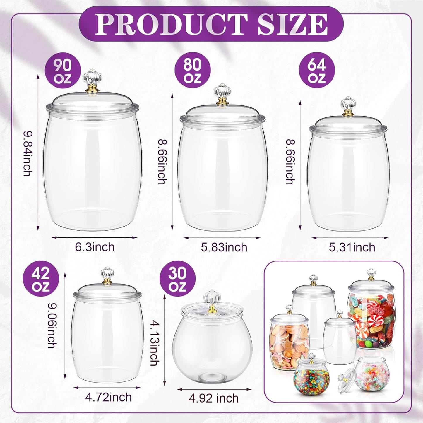 Nuogo 6 Pcs Plastic Candy and Cookie Jar with Lids Decorative Apothecary Jars Candy Buffet Containers Clear Airtight Food Storage Canister Home Decoration(30/42/64/80/90 oz,Classic, Stylish)
